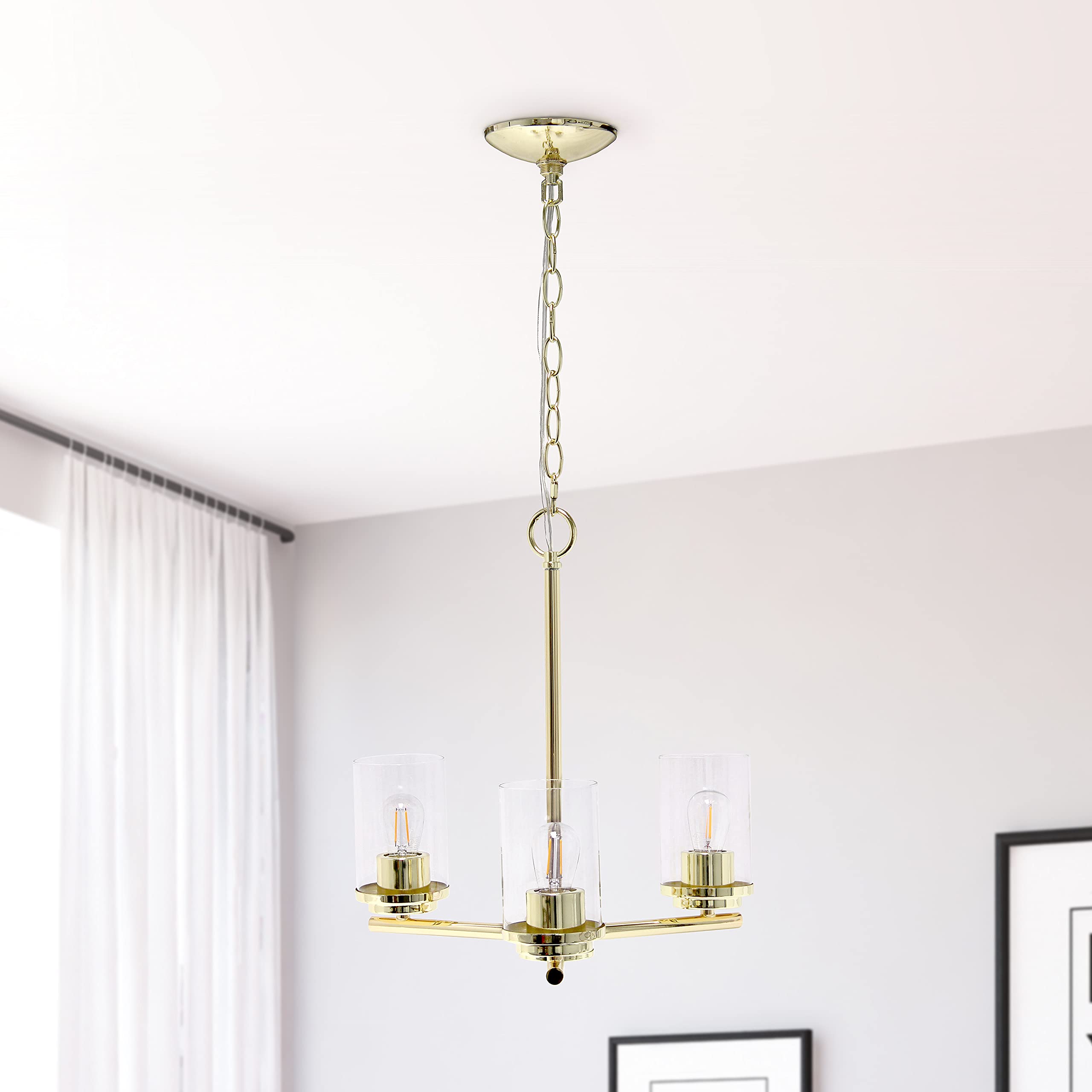 Elegant Designs PT1018-GLD 15" Traditional Vintage Modern Industrial 3-Light Metal and Clear Glass Kitchen Island Foyer Hallway Living Room Den Dining Room Hanging Pendant Chandelier, Gold