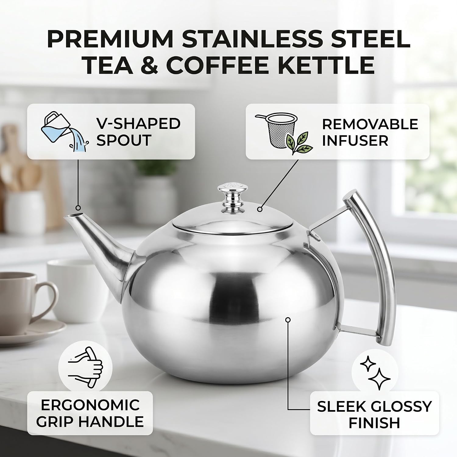 2L Teapot Coffee Tea Kettle, Stainless Steel Teapot Coffee Tea Pot Kettle with Removable Infuser Filter