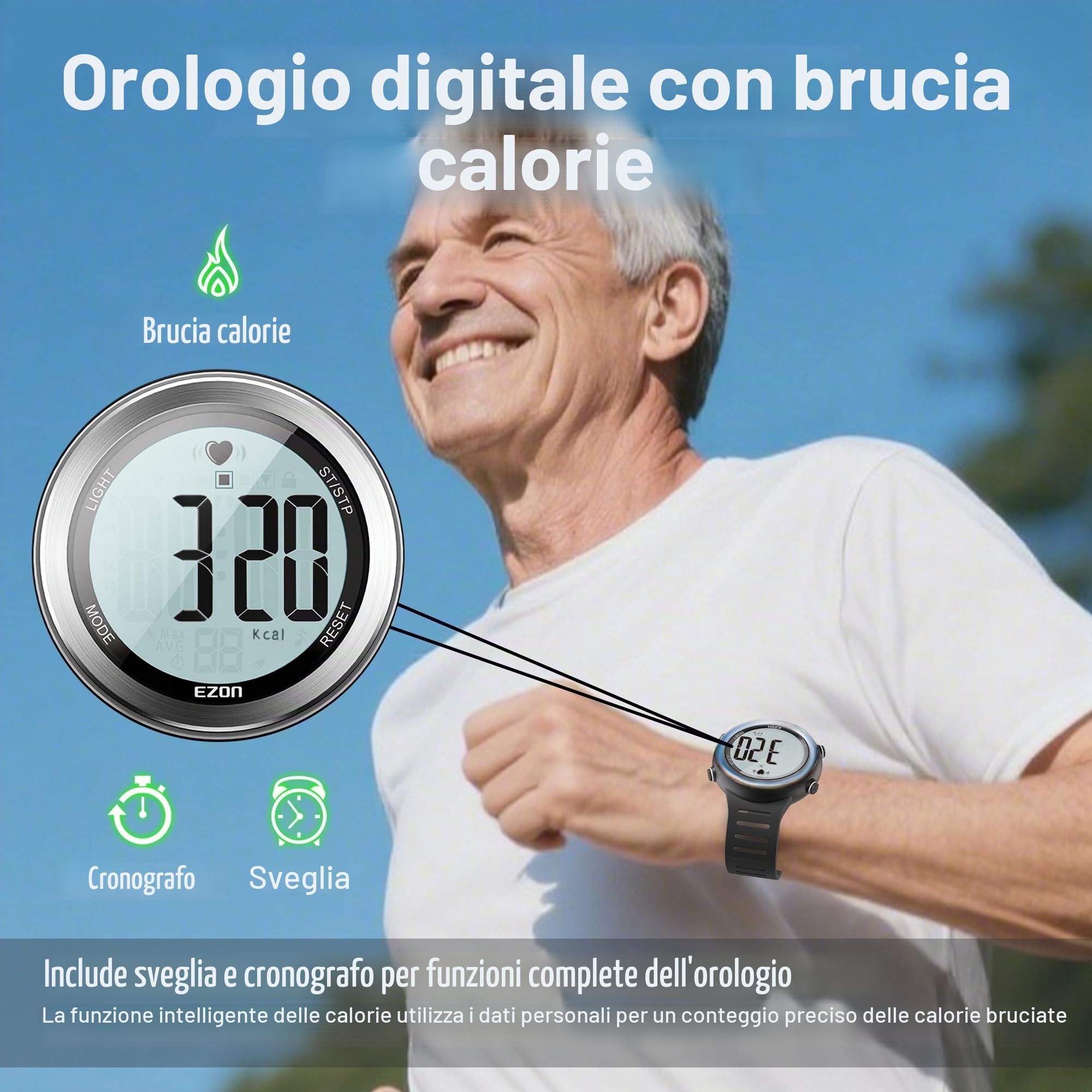 EZON Cardiofrequenzimetro e fascia toracica, cardiofrequenzimetro, orologio sportivo con HRM, impermeabile, cronometro, carillon orario T007