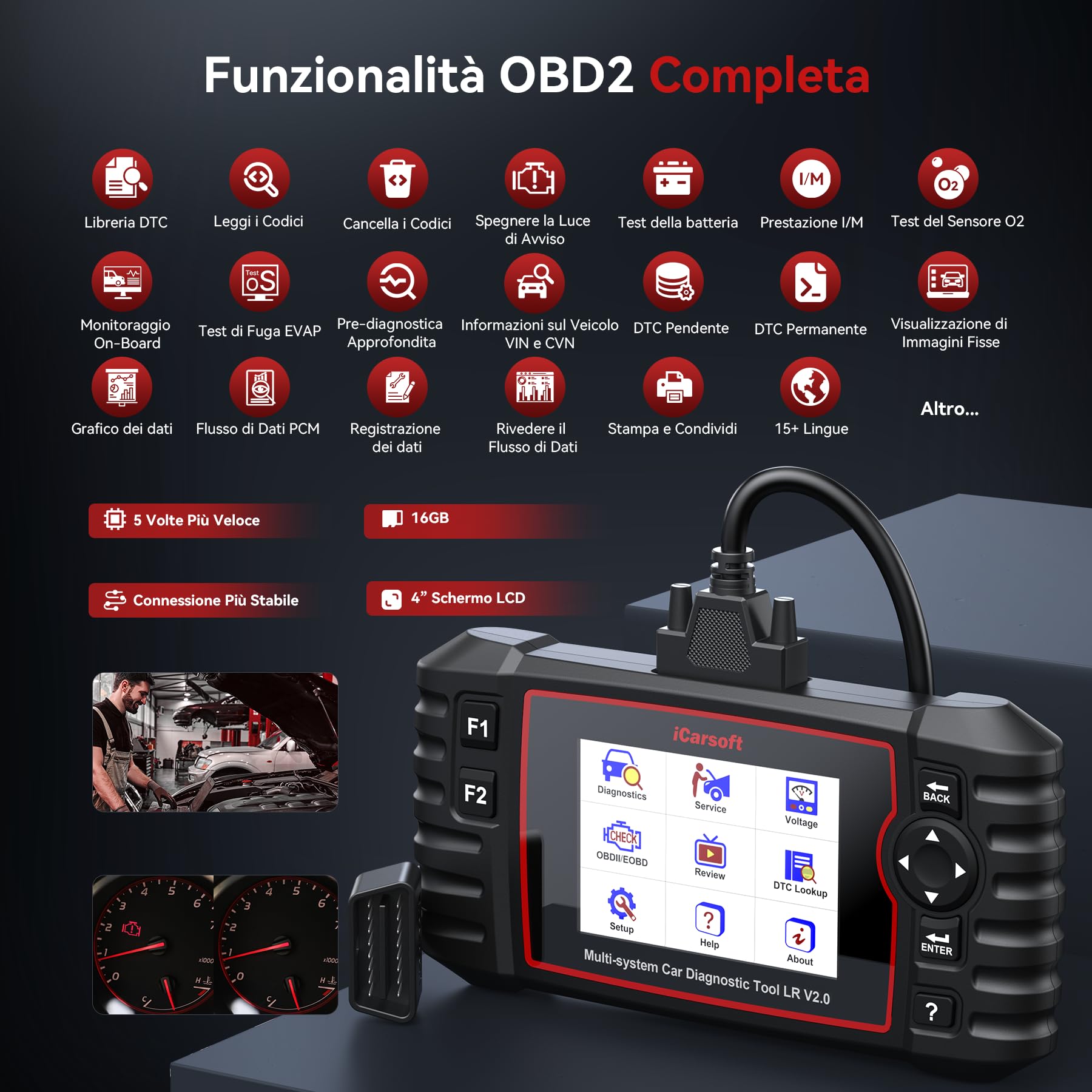 iCarsoft LR V2.0 OBD2 Auto Diagnostica per Land Rover/Jaguar, Diagnosi Auto in Italiano per Tutti i Sistemi, 9 Funzioni di Ripristino, Olio/EPB/BMS/ETC/SAS/INJ/TPMS/DP-F/ABS, Aggiornamento a Vita