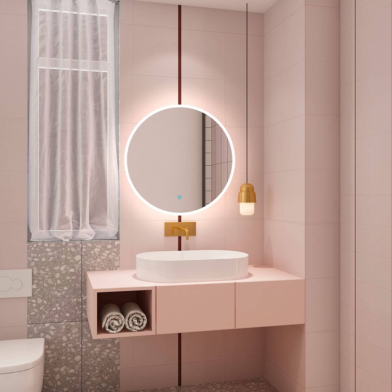 Okrągłe lustro łazienkowe 80 cm z przeciwmgielnym światłem LED (zimna biel 6000 K) przełącznik dotykowy – nowoczesne naścienne lustro kosmetyczne do dekoracji domu i rutyny kosmetycznej