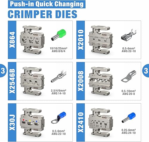 Miniatura 4 de iCrimp - Juego de herramientas de trinquete de cambio rápido para terminales aislados, termorretráctiles, terminales no aislados, terminales de