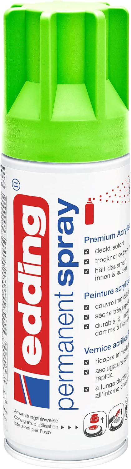 edding 5200 Permanent Spray, Neon Green, Matte, 200 ml, Acrylic Paint for Painting and Decorating Glass, Metal, Wood, Ceramic, Plastic, Canvas - Acrylic Spray Paint