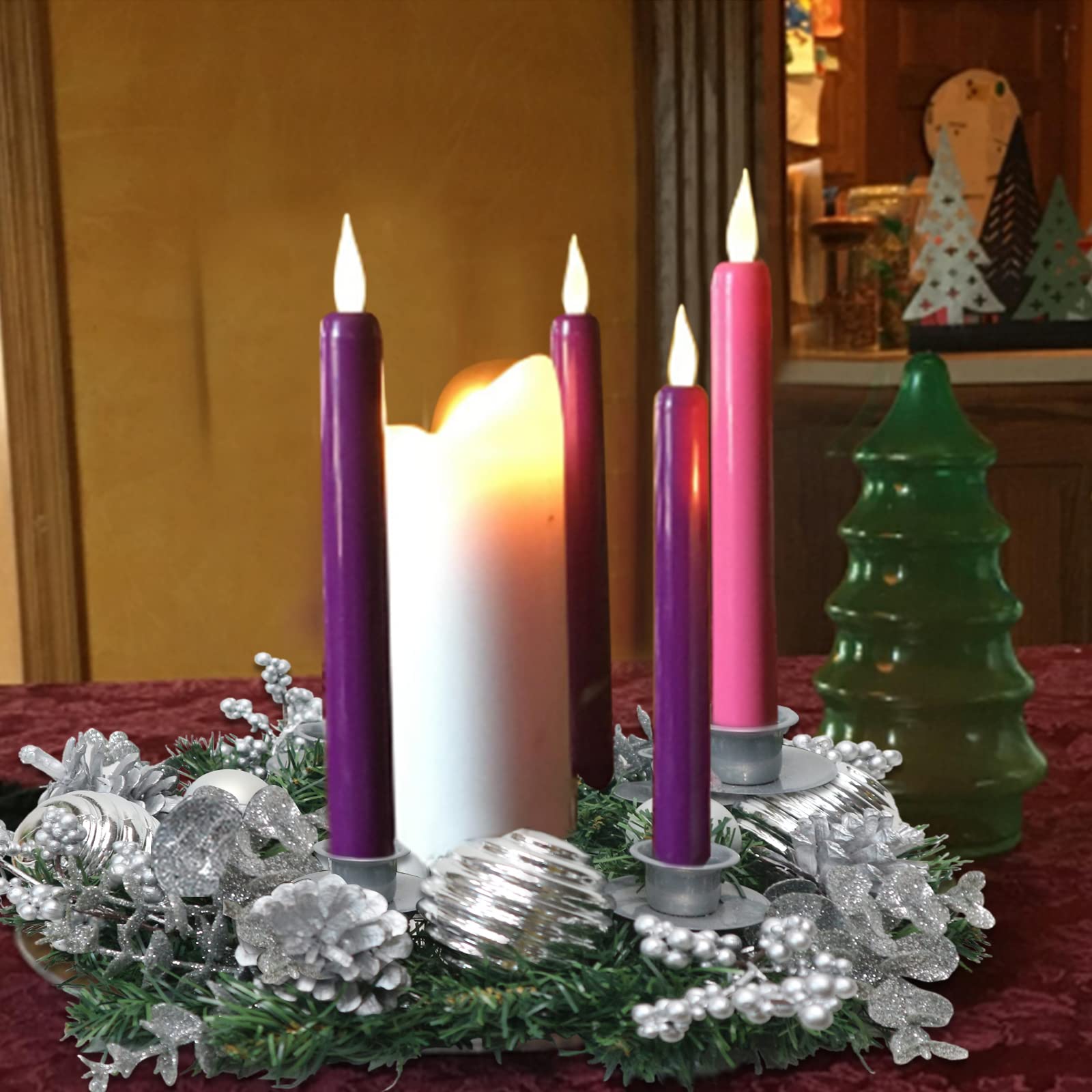 Vofuly Christmas Advent Wreath,13 inch Silver Advent Candle Holder,Christmas Centerpiece Decorations with Pine & Silver Berry and Ball Ornament,Advent Season Candle Holder Xmas Candles Decor