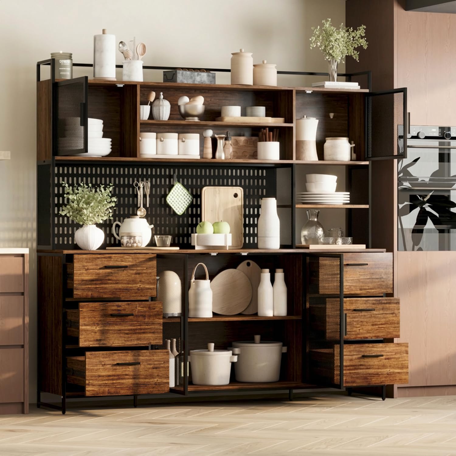 WOODTIME 70.9" W Kitchen Pantry Cabinet with Hutch, Pegboard & Microwave Stand, Large Cupboard Storage Cabinet with 6 Drawers, 4 Metal Mesh Doors & Open Shelves for Kitchen Dining Room, Black & Brown