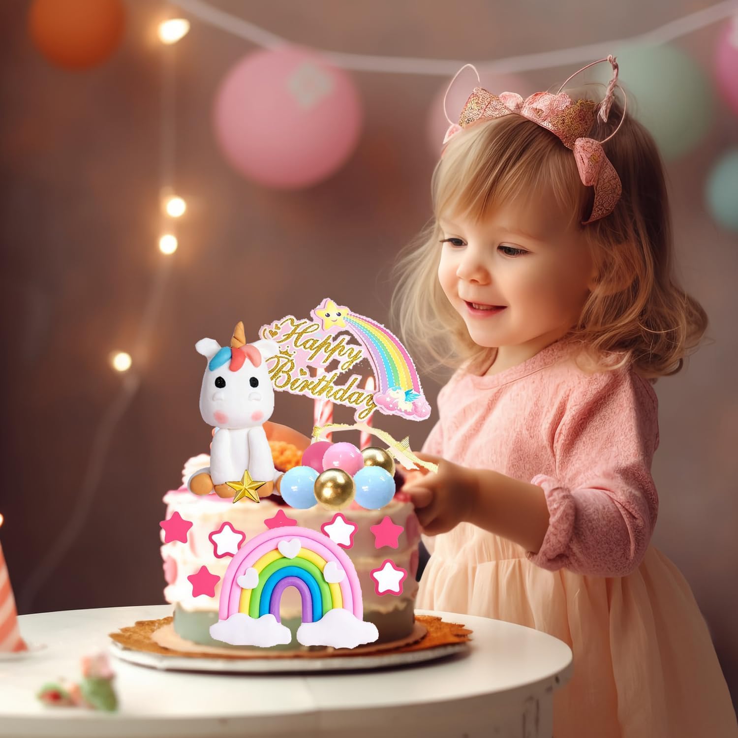 29 PCS Unicorn Cake Topper, Unicorn Cake Decorations with Rainbow Stars Balls Happy Birthday Cake Decorations for Boys Girls Kids Birthday Party Baby Shower Supplies