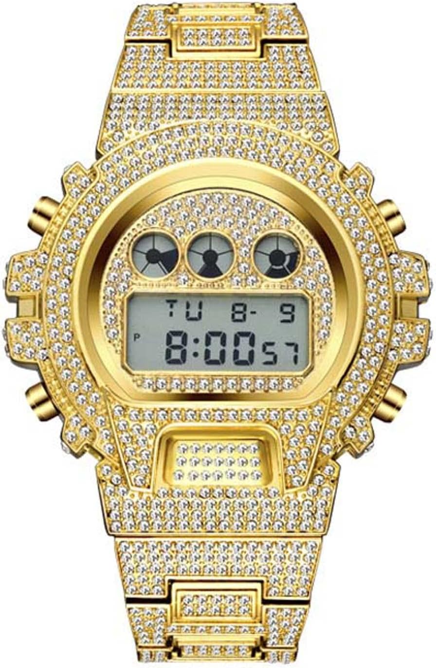 Men's Watches Sports Outdoor Watch LED Stopwatch Digital Electronic Large Display Waterproof Luminous Diamond Hip Hop Bling Wrist Watches Multi Function LED Alarm Stopwatch
