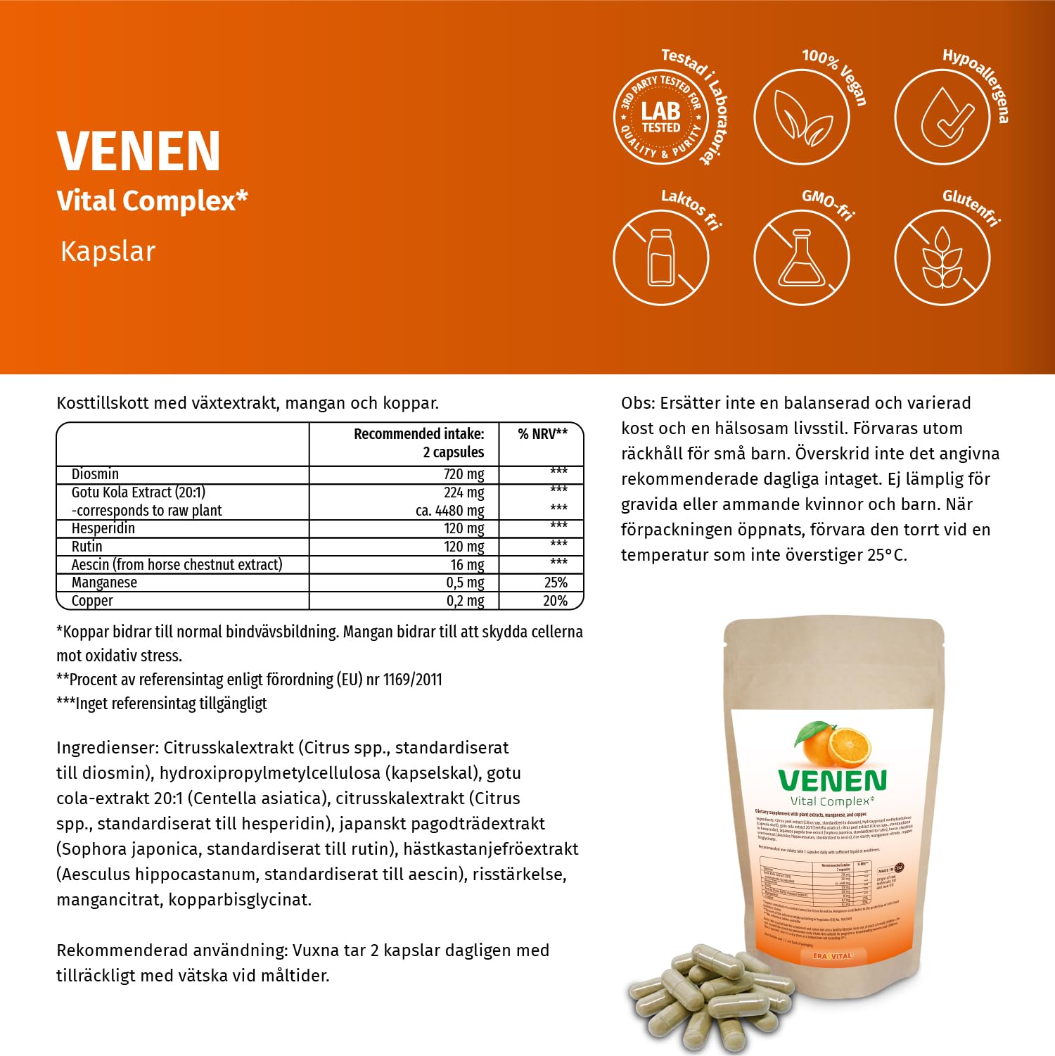 Venen Vitalkomplex – mit Diosmin, Hesperidin, Rutin & Rosskastanie (Aescin) – plus Gotu Cola, Mangan & Kupfer – vegan (360 Stück (1er Pack))