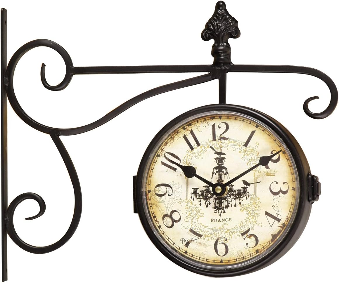 Asense Black Iron Round Double-Sided Wall Hanging Clock with Scroll Wall Mount Home Decor