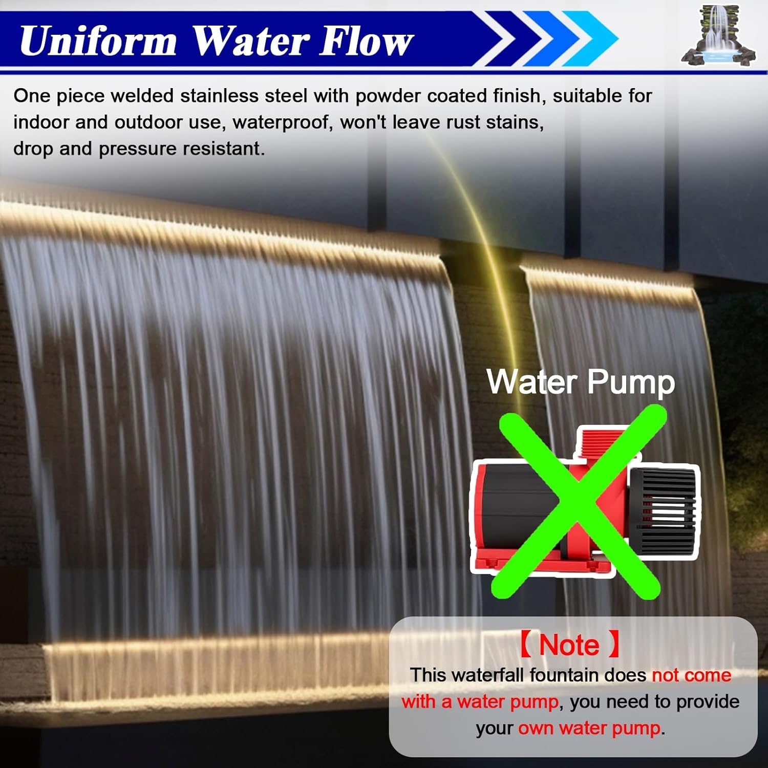 Stainless Steel Wall Recessed Waterfall Spillway Kit for Outdoor Fountains, Fish Ponds, & Spas - 12 to 78 Inch Adjustable Width, Stylish Water Feature Box