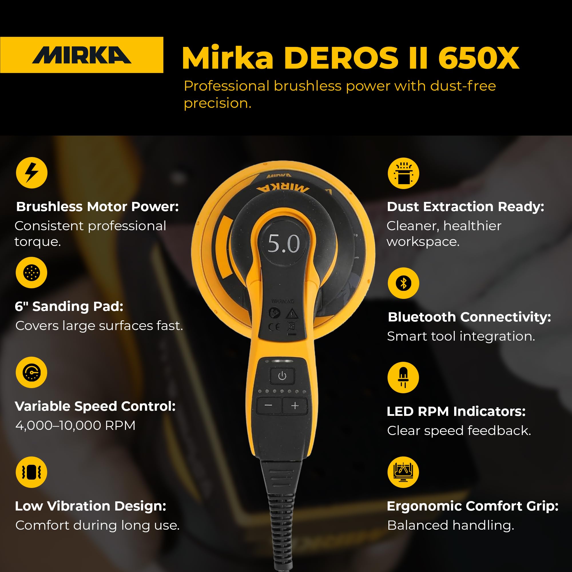 Mirka DEROS II - Levigatrice orbitale a disco 650X da 15,2 cm con custodia