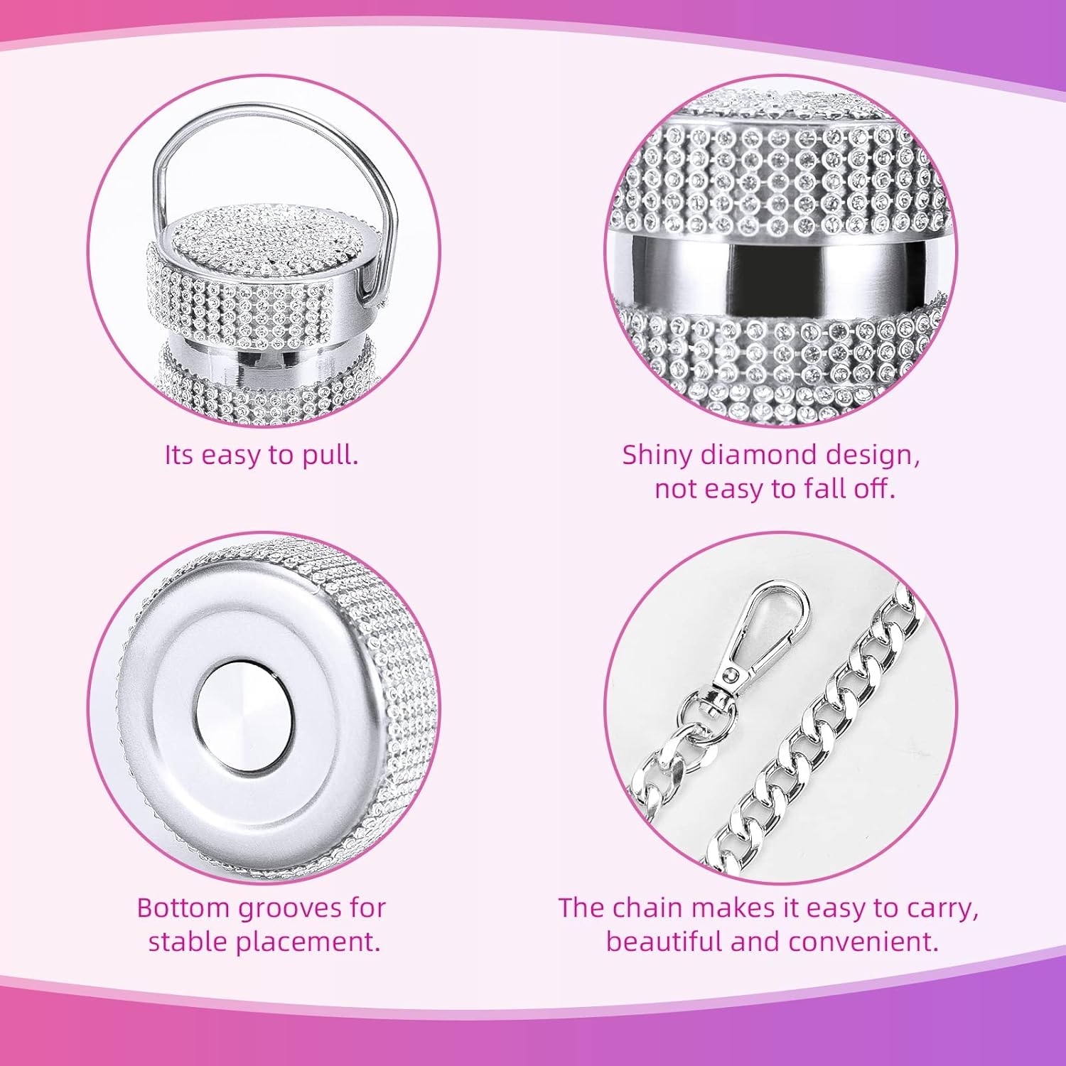 Bling Diamond Thermal Bottle,Glitter Water Bottles, Stainless Steel Thermal Bottle Refillable Water Bottle with Chain for Women (silver 500ml) - Image 2