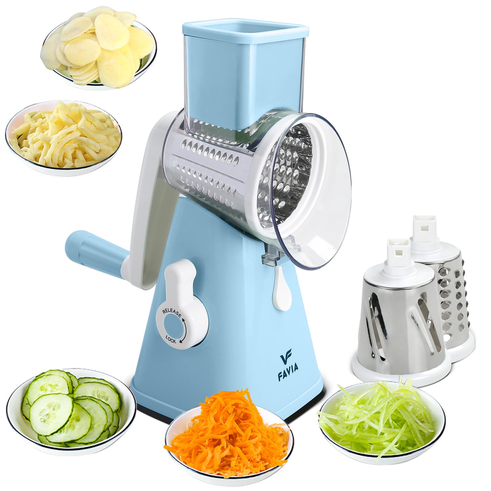 FAVIA Rotary Cheese Grater, Kitchen Speed Mandoline Vegetable Slicer Grinder with 3 Interchangeable Blades,Easy to Clean Shredder for Fruit, Vegetables, Nuts(Cornflower Blue)