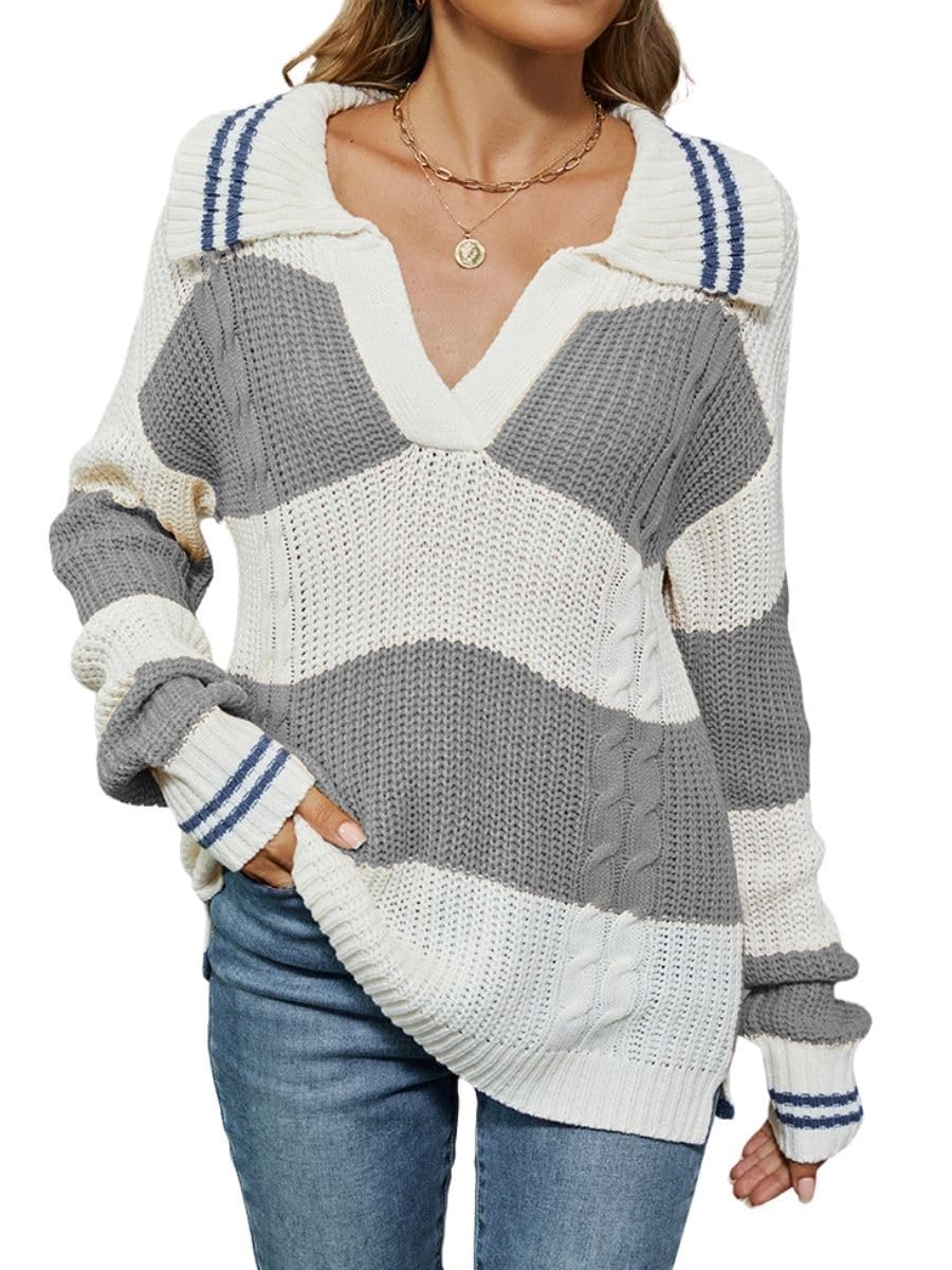 Maglione Pullover Autunnale Lavorato a Maglia a Blocchi di Colore a Maniche Lunghe con Collo a V e Collo a Righe Casual da Donna