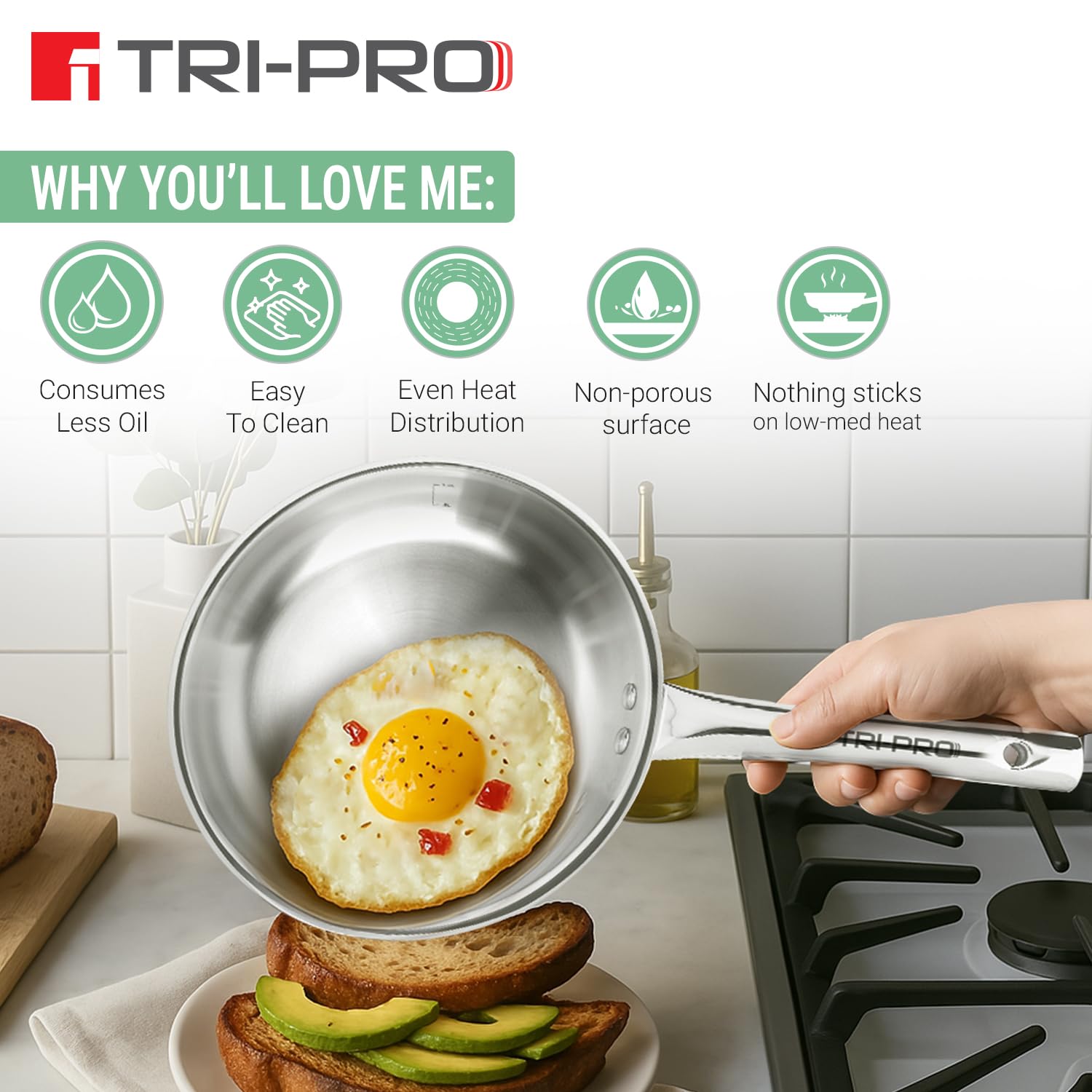 TriPro Triply Stainless Steel 22cm (1.4L) Frypan / Skillet, Triply Frying Pan for Cooking, Even and Faster Heating, Consumes Less Oil, Healthy Cooking, Easy to Clean - Induction and Gas Stove Ready
