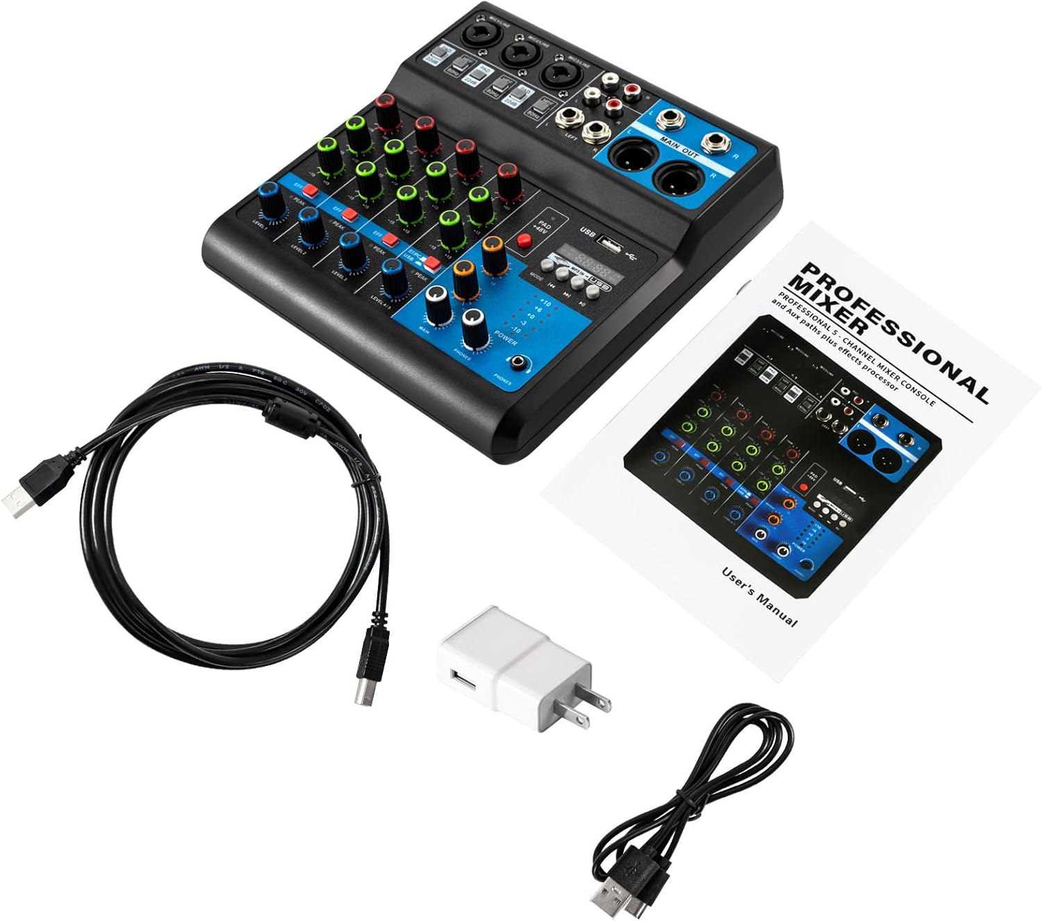 Contents of the TFCFL 5-Channel Mini Audio Mixer package, including the mixer, user manual, power adapter, and USB cables.