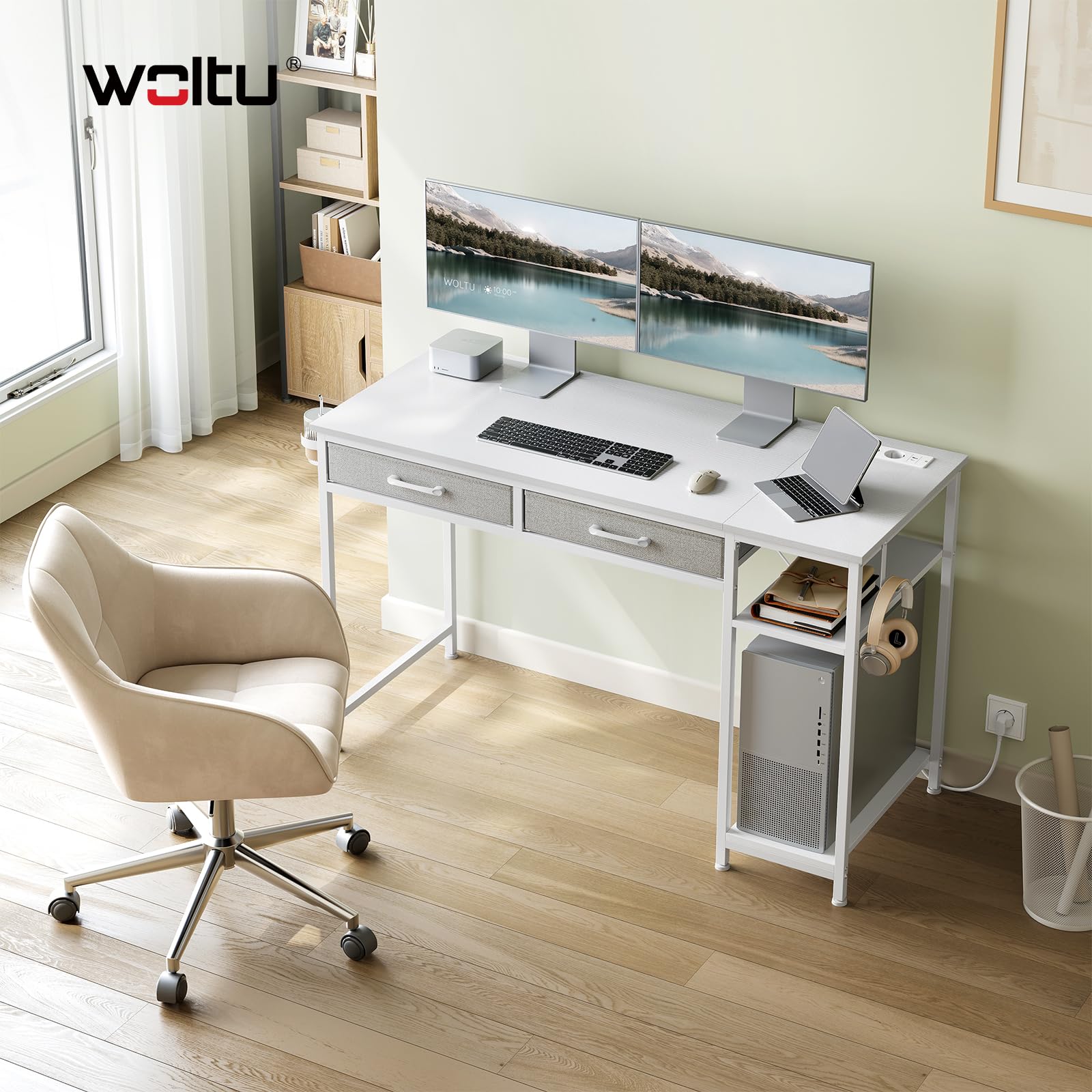 WOLTU Mesa Escritorio con 2 Cajones y 2 Estanterías, Puerto USB Tipo C y Estación de Carga, Portavasos y Gancho, para Estudio y Oficina, 120x51x75 cm, Blanco