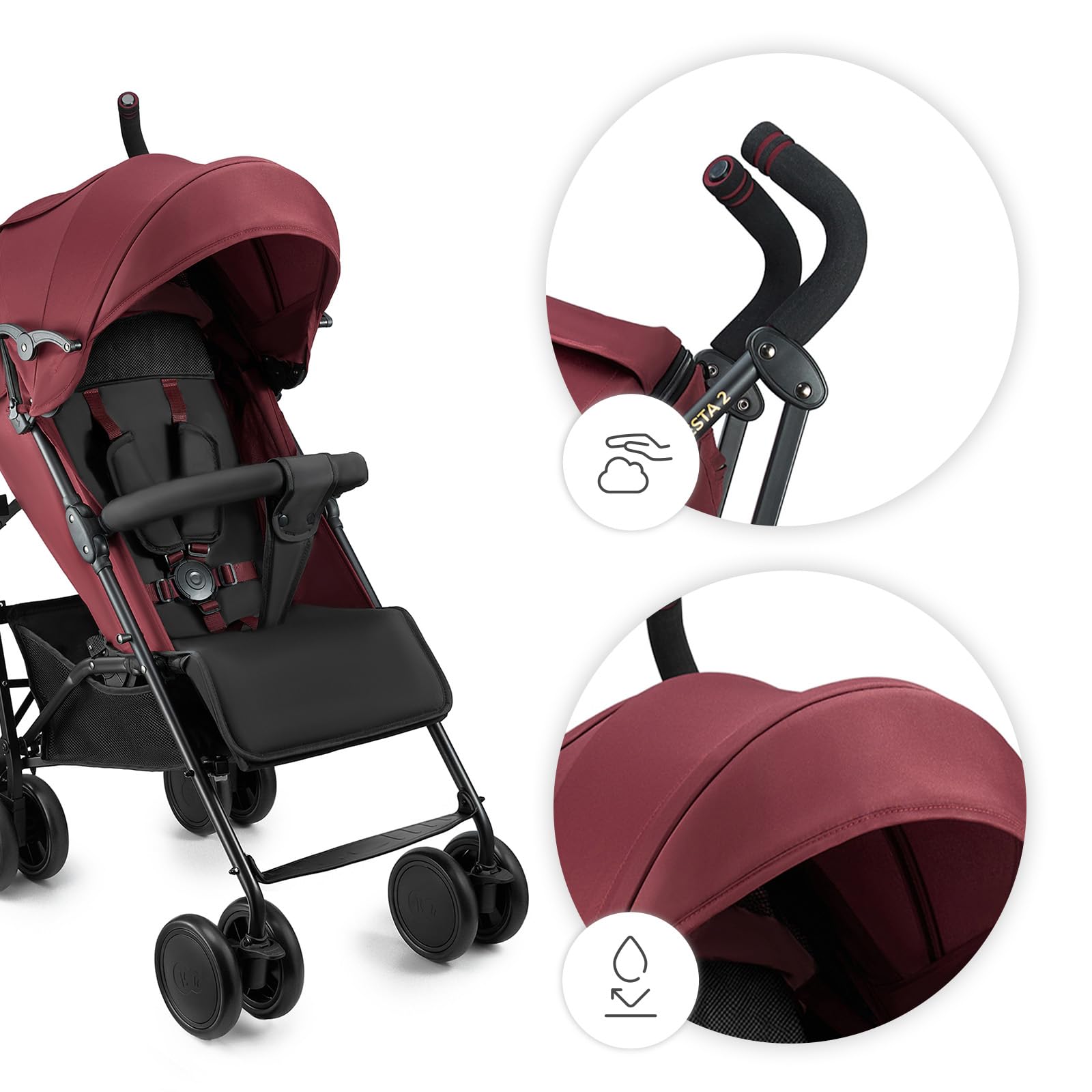 Kinderkraft Buggy SIESTA 2 bis 22 kg, nur 7,9 kg, zusammenklappbar, Liegeposition, verstellbare Fußstütze, Verdeck mit Mesh und Peekaboo, 5-Punkt-Gurt, kompakt, Rot