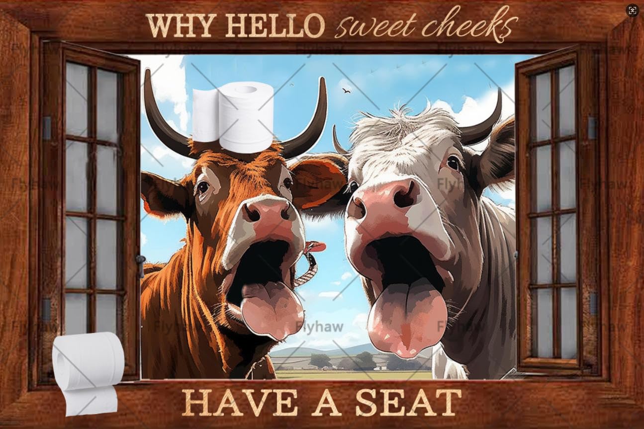 Targa In Metallo Per Bagno Con Mucca Delle Highlands – Lineerby 'Hello Sweet Cheeks', 20x30 Cm, Vintage, Impermeabile - 2