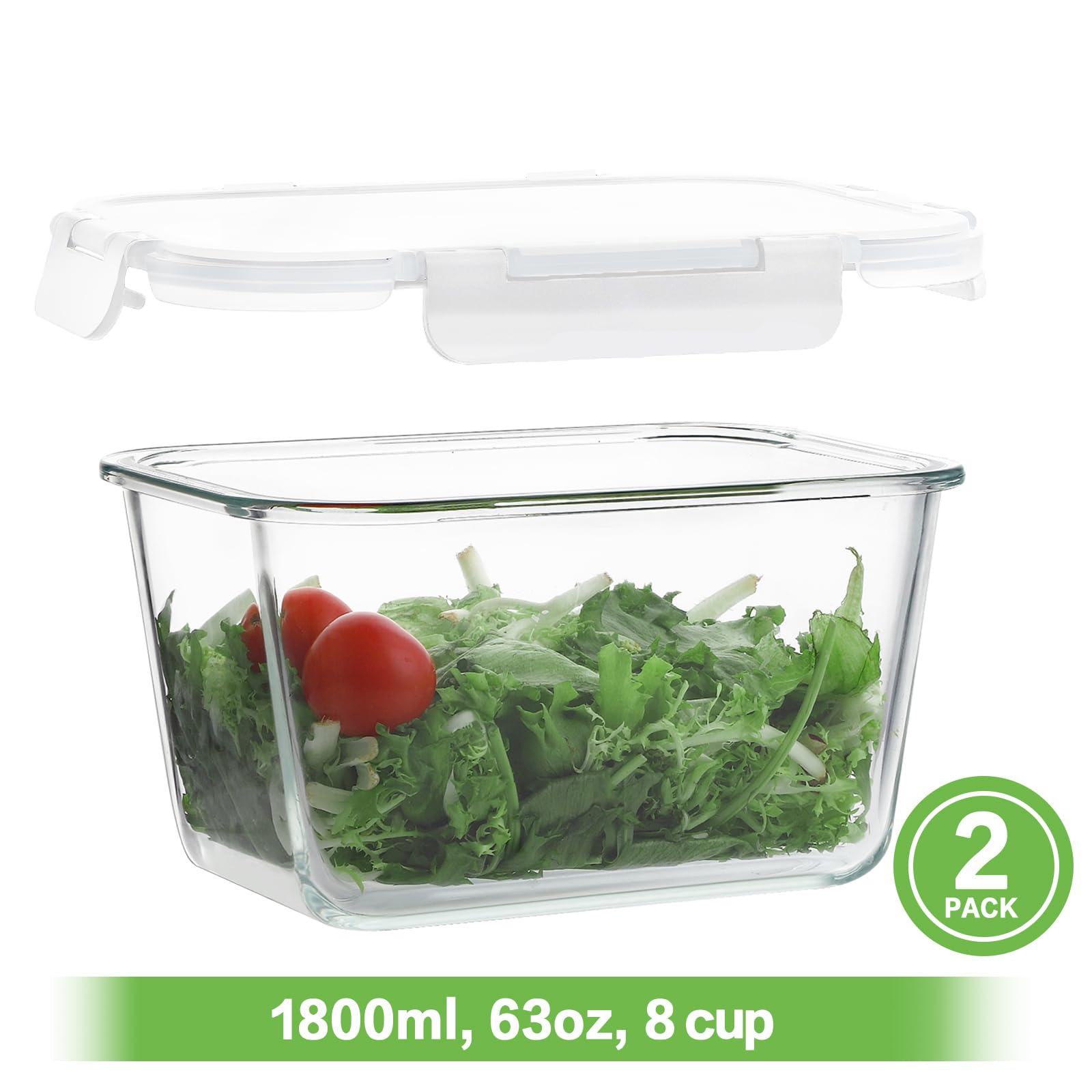 HOMBERKING Paquete de 2 recipientes grandes de vidrio para almacenamiento de alimentos, preparación de comidas, cajas bento herméticas con tapas de bloqueo a prueba de fugas, para microondas, horno,