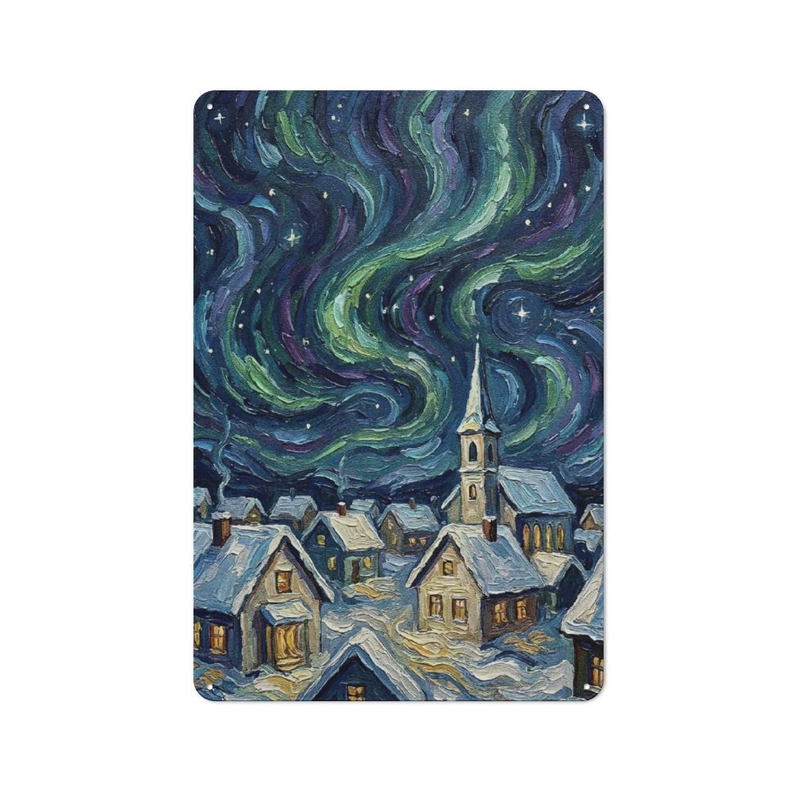 Junmoney Style-16 Aurora Borealis Over Snowy Village Rustic Printed Metal Sign 30X20cm For Garage Or Workshop, For Garage, Workshop And Man Cave Decoration