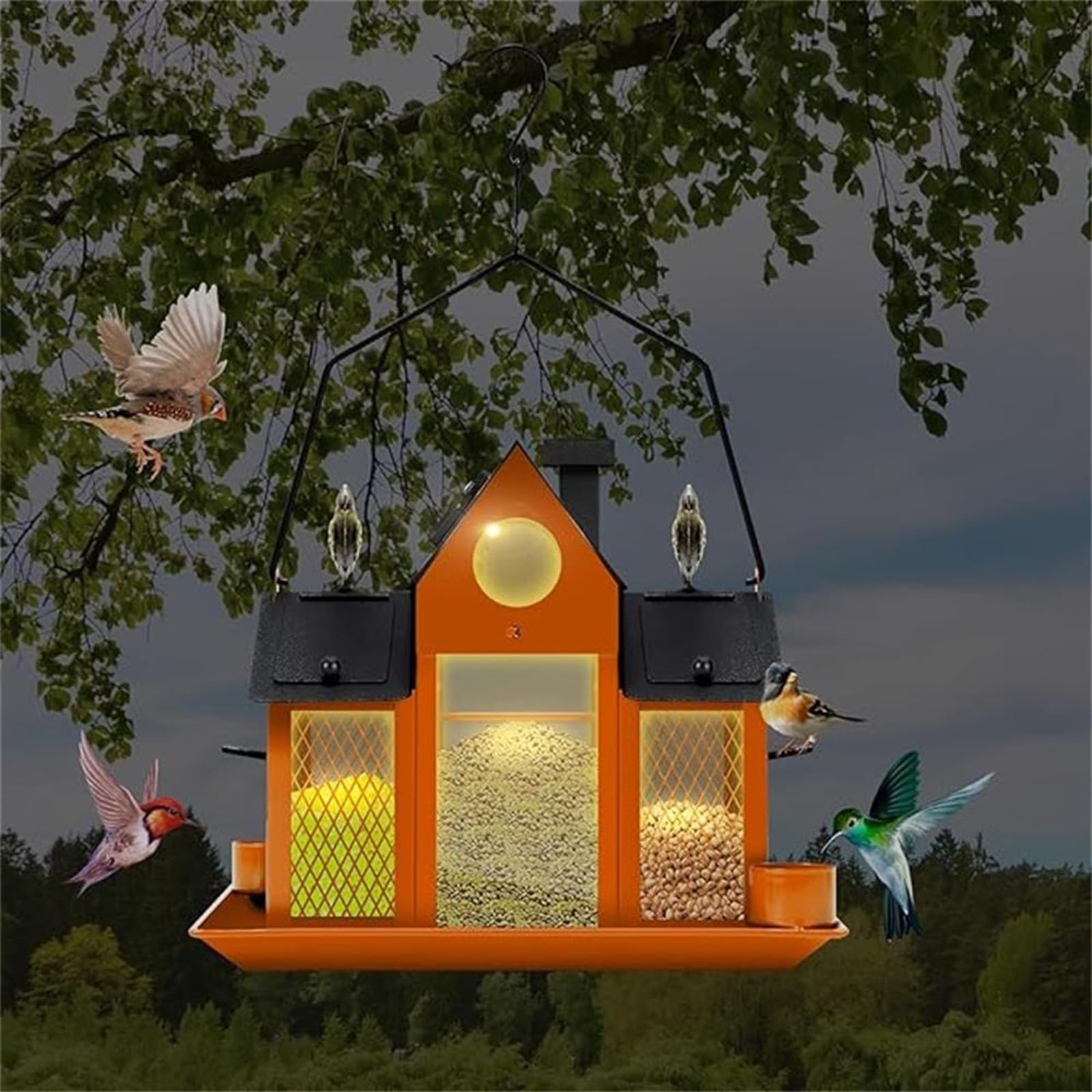Comedero para pájaros de gran capacidad para exteriores con doble jaula de sebo con energía solar, comedero para pájaros silvestres para atraer a varios pájaros