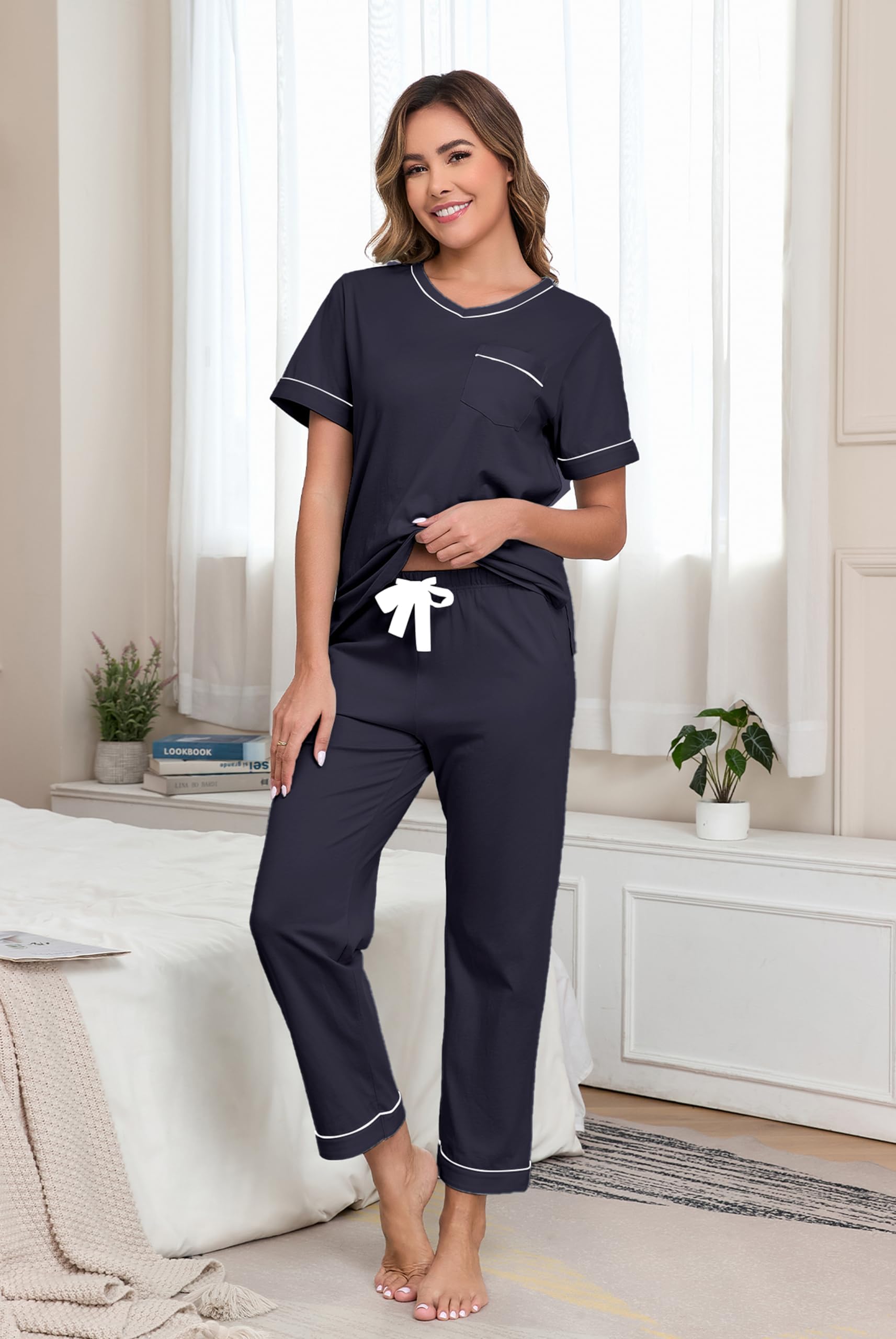 ANLIQI 100% Baumwolle Damen Schlafanzug Set Sommer leicht Kurzarm V-Ausschnitt Freizeit Schlafanzug mit Hose