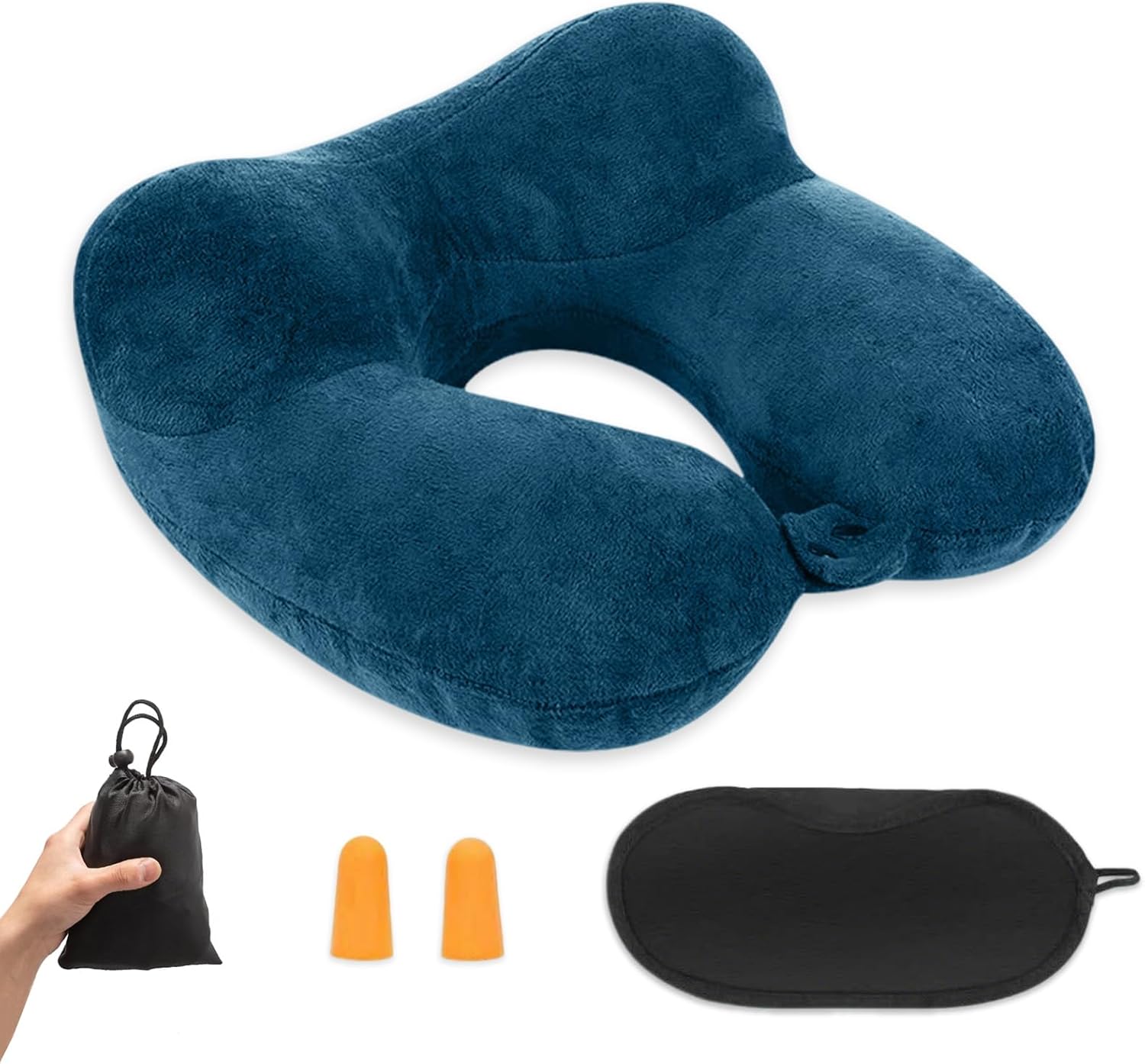 Oreiller de Voyage Gonflable, Compact Coussin de Voyage, Coussin de Voyage Avion Gonflable, Support de Cou en Velours Doux pour l’avion, Le Train, la Voiture et Le Bureau avec Masque pour Dormir, Bleu