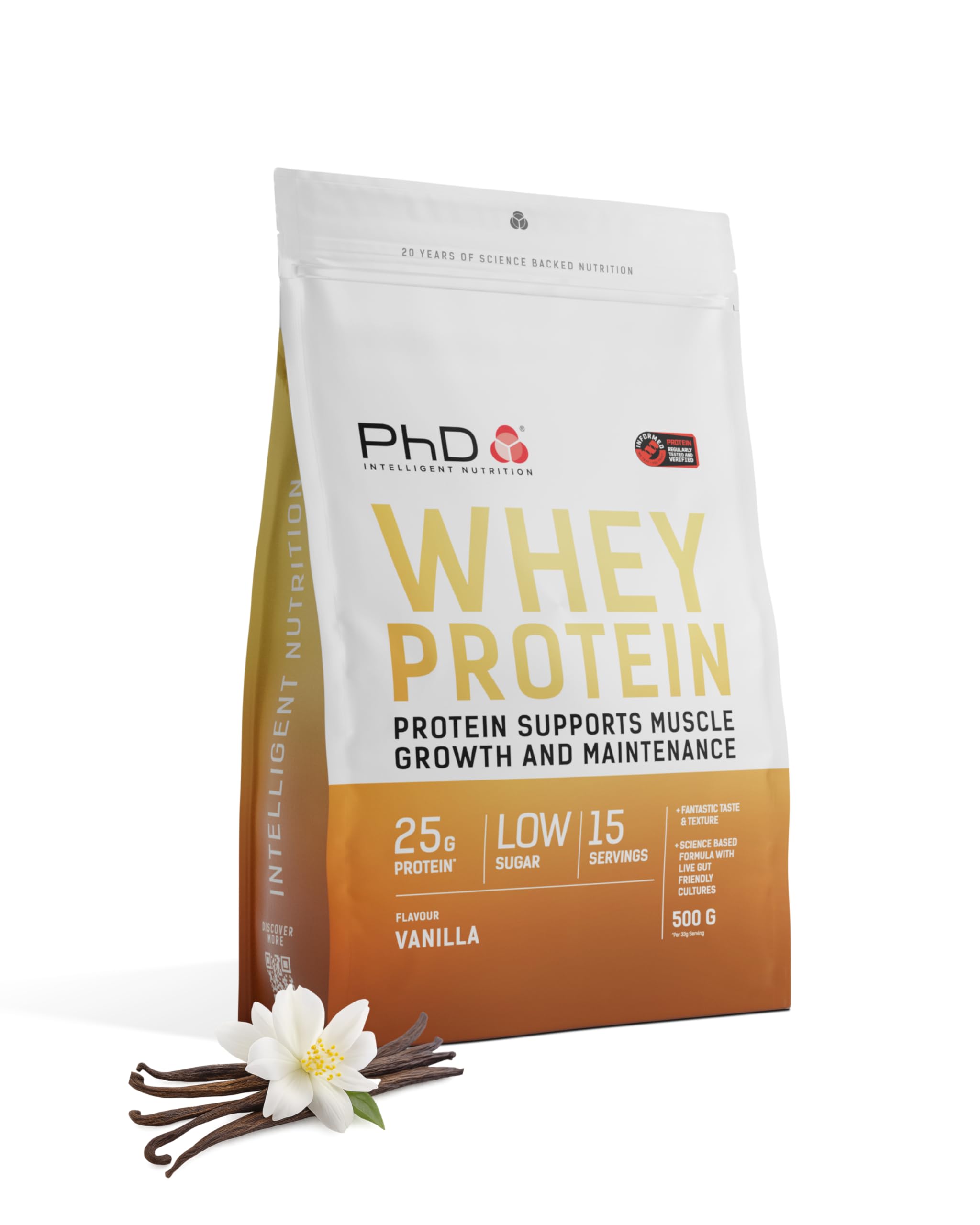 PhD Whey Protein Powder - High Protein Shake with Bacillus Coagulans - Supports Muscle Growth and Maintenance - Vanilla - 500g