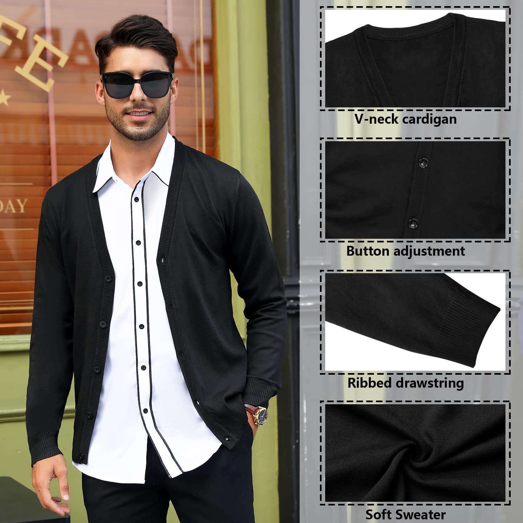 Sykooria Cárdigan de punto grueso para hombre, con cuello de pico