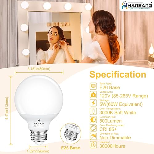 Miniatura 2 de hansang Paquete de 8 bombillas LED G25 para baño, base E26 blanca cálida de 3000 K, equivalente a 60 W, bombilla redonda de 5 W para espejo de