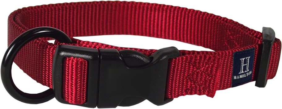 Hamilton Adjustable Nylon Dog Collar for Small Medium Large Dogs, Red, 1" Wide x 18-26" Neck