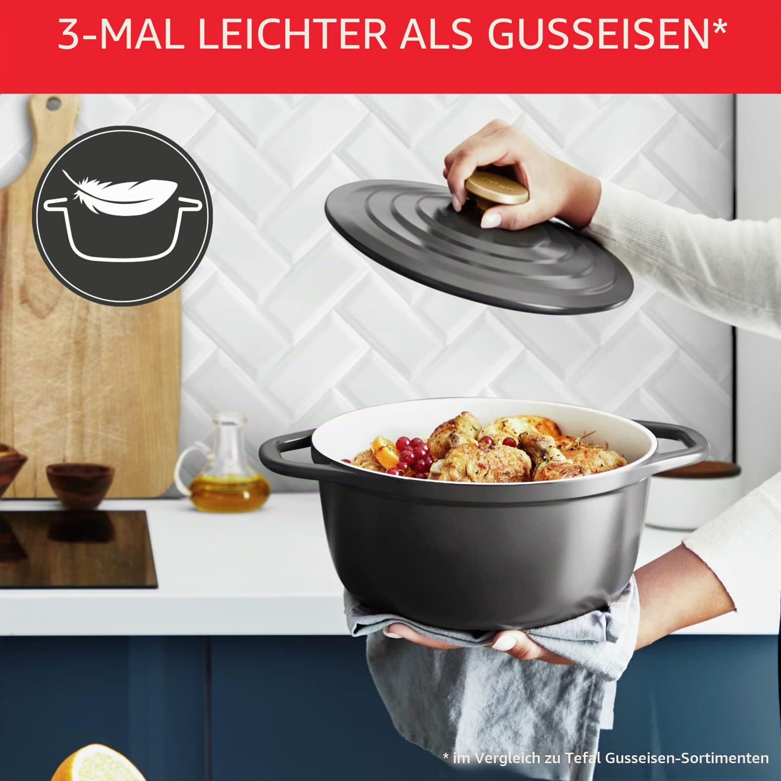 Tefal Air E2558904 Ovale Auflaufform, 30 cm, antihaftbeschichtet, Induktion, Aluminiumguss (leichter als Gusseisen), mit Deckel, Grau