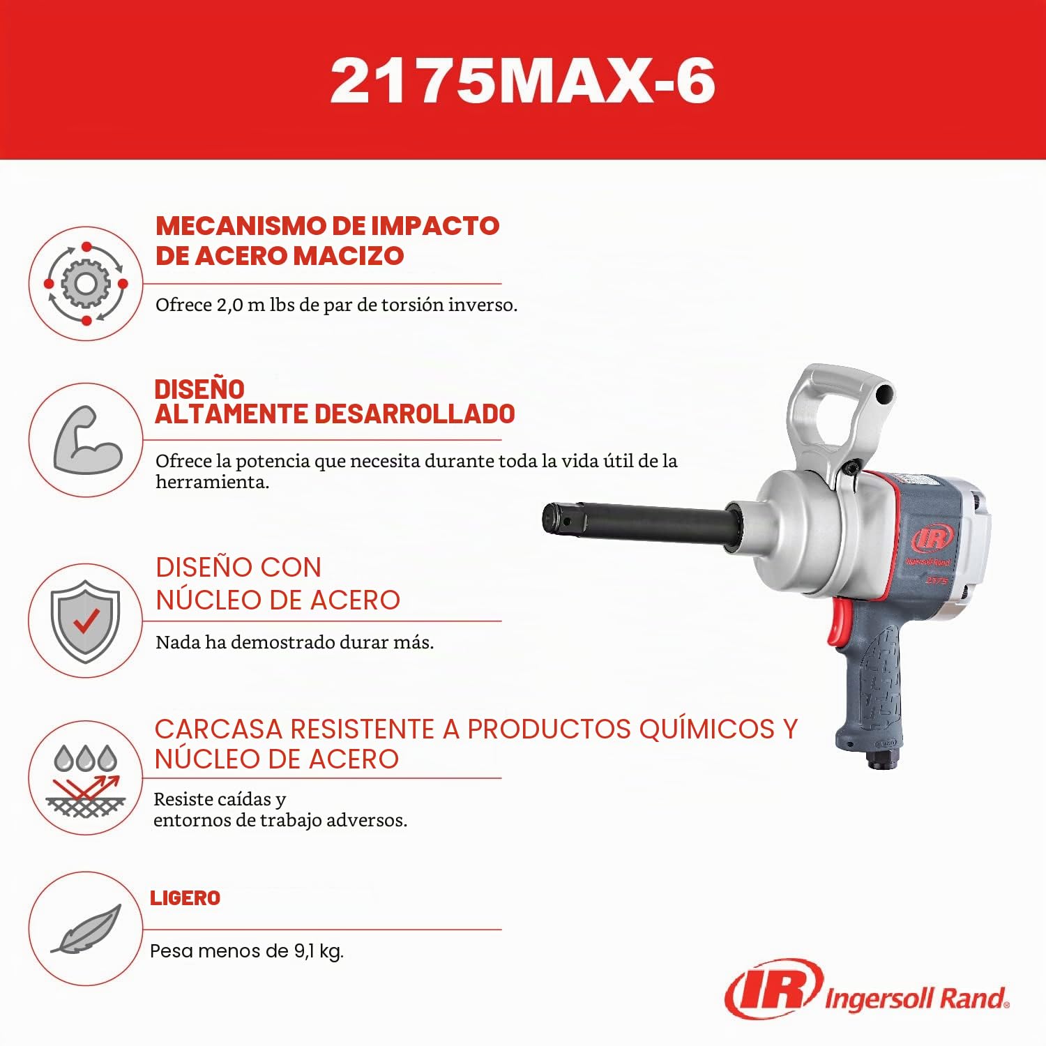 Ingersoll Rand 2175MAX-6 Llave de Impacto 1" con Yunque Largo, 2715 Nm, Empuñadura de Pistola, Núcleo de Acero y Carcasa Resistente