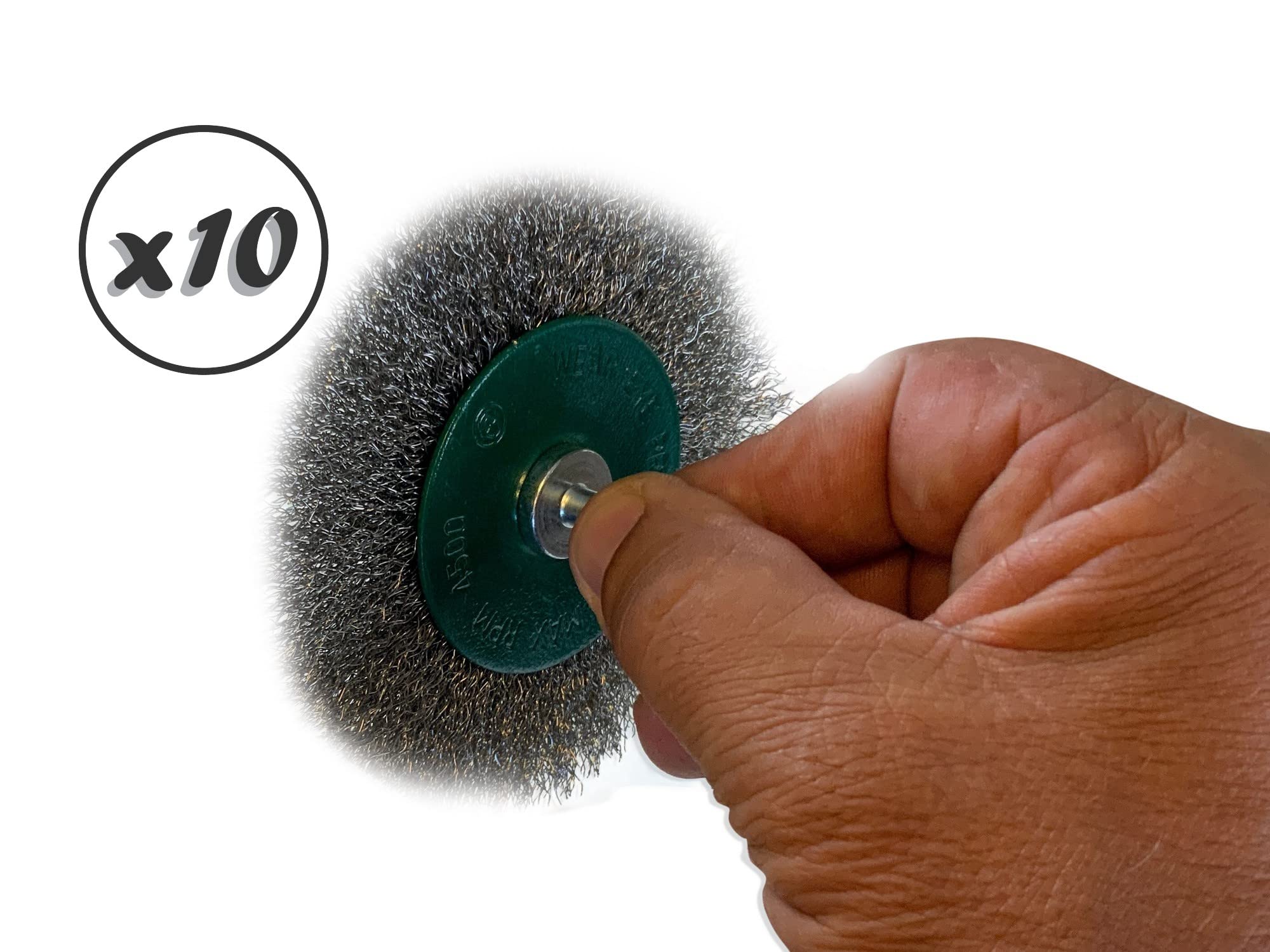 Zestaw 10 metalowych okrągłych szczotek obrotowych na pręcie Ø 100 mm | Drut ze stali nierdzewnej Ø 0,20 mm | Grubość 12 mm | 2 rzędy | Do wiertarki lub wkrętarki z uchwytem | Kibros 26100IV12x10