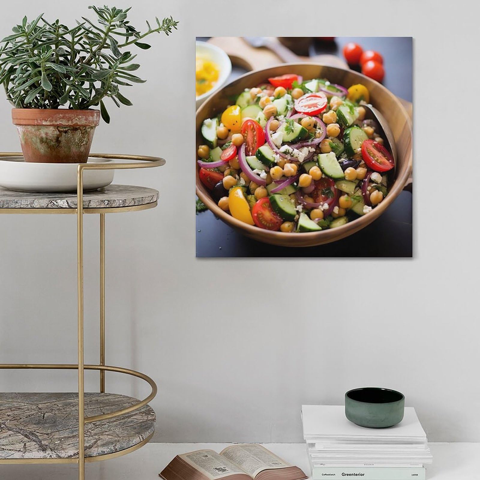 Poster mit veganen Rezepten, farbenfroher Kichererbsen-Salat, griechischer Feta, Olive, vegetarisches Gericht, dekoratives Gemälde, Leinwand, Wandkunst, Bilddruck, moderne
