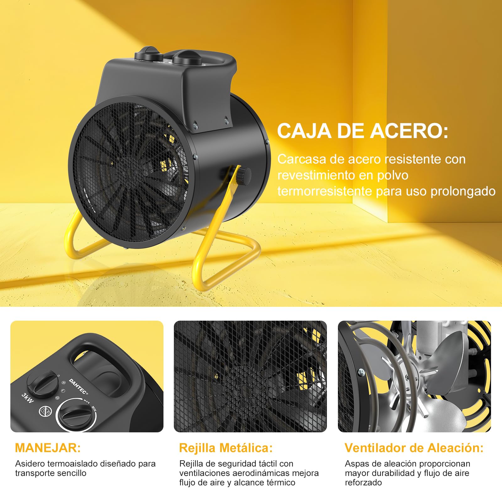 Calefactor Electrico 3000W de Aire Caliente - ECO Bajo Consumo - con Ajuste de ángulo de 0 a 25°, Termostato y Protección Contra Sobrecalentamiento - Apto para Hogares, Tallers