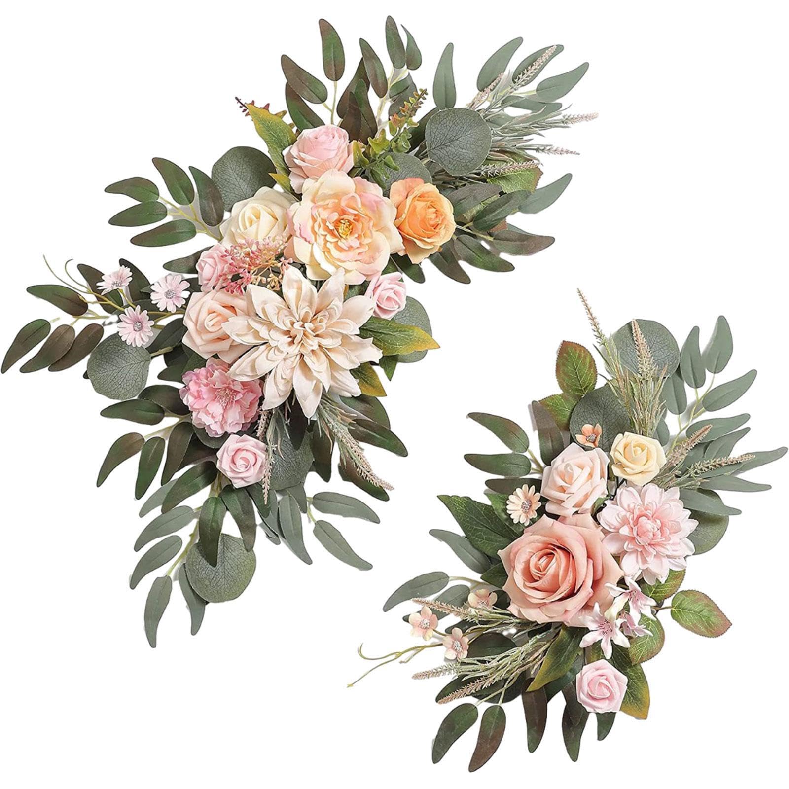 Arreglo floral de seda para bodas con rosas rubor y hojas verdes