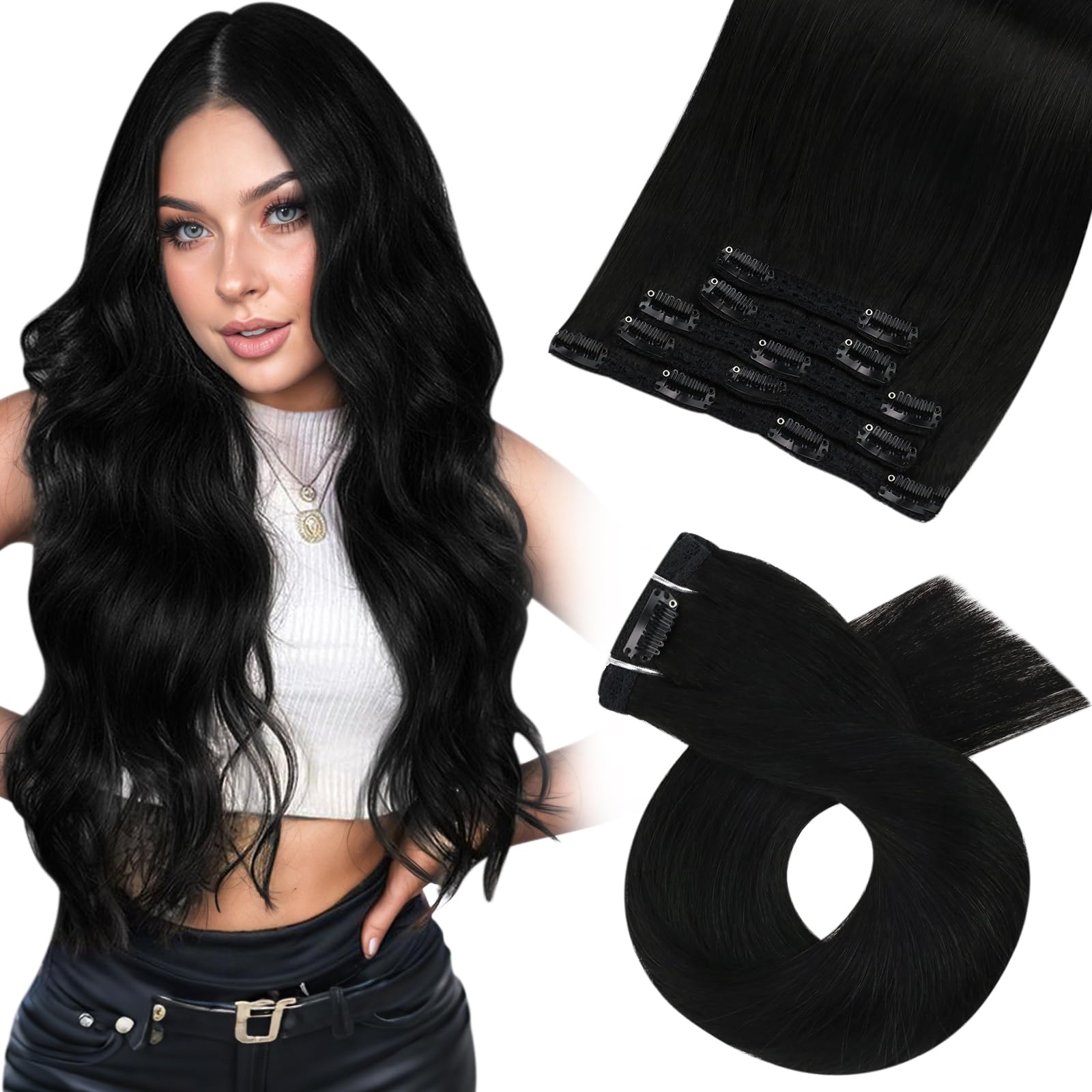 Moresoo Clip in Hair Extensions Real Human Hair 20 Inch Jet Black Clip in Human Hair Extensions Black Straight Human Hair for Women Adding Volume Natural Looking 5pcs/80G #1