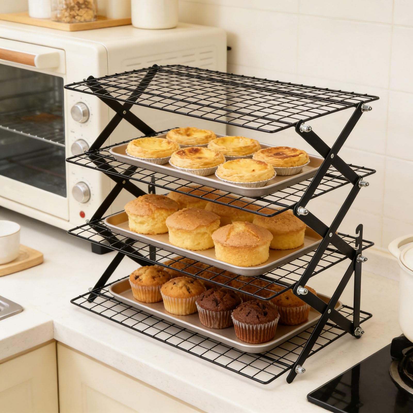 Rejilla de Enfriamiento Plegable de Hierro de 4 Niveles para Hornear, Flujo de Aire Eficiente para Galletas, Pasteles, Pan, Entusiastas de la Repostería de Pizza