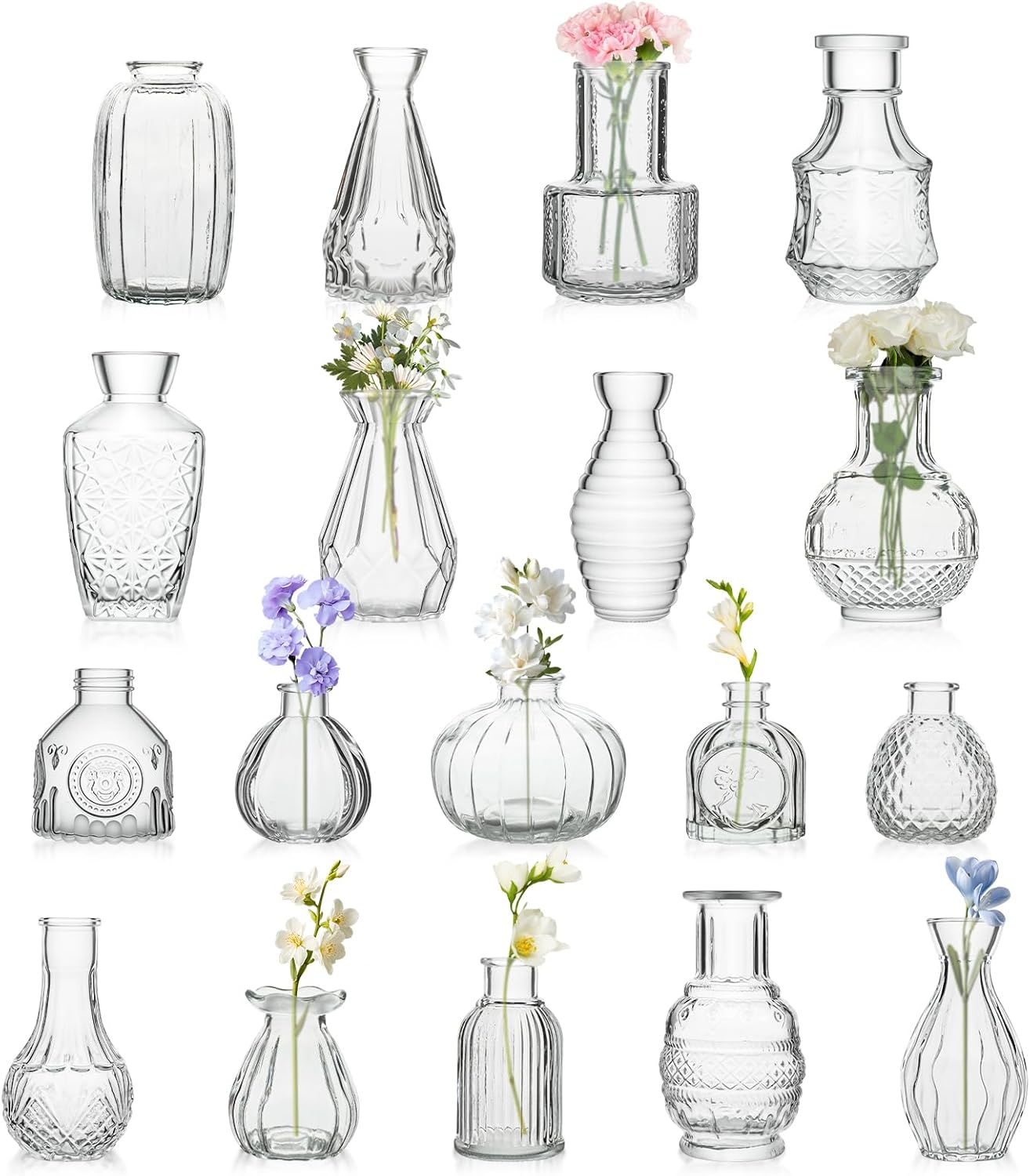 18 Piece Bud Vases Set for Centerpieces, Mini Clear Glass Vases for Wedding & Anniversary Decor, Small Vintage Vases for Flowers, Home Table Decor (Shower Room, Birthday, Propagation)