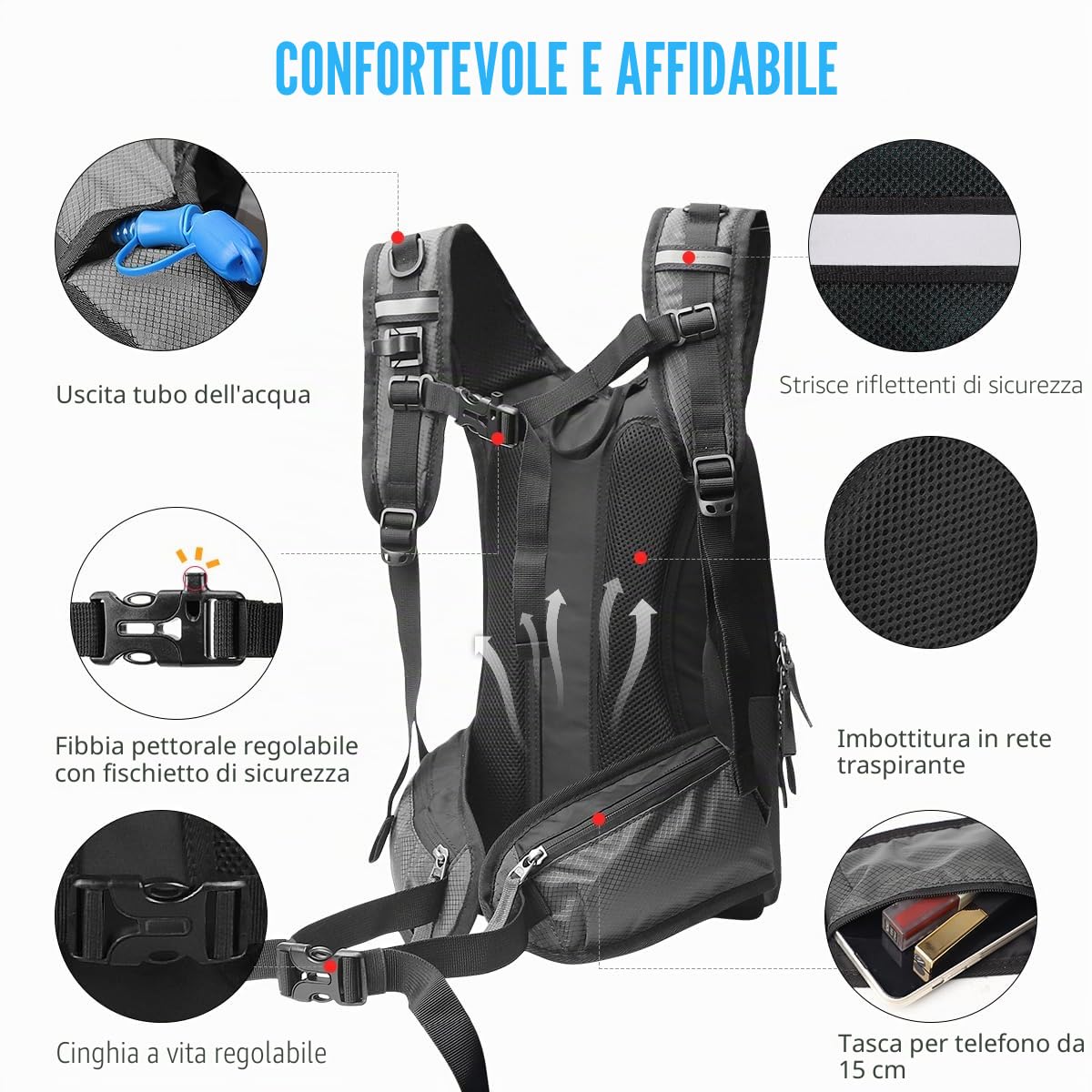 Zounich Zaino da corsa con scomparto termico, Zaino idrico con sacca d'acqua da 3 litri, Zaino da bicicletta, Zaino per escursioni, per corsa, ciclismo, campeggio, sci, attività all'aperto