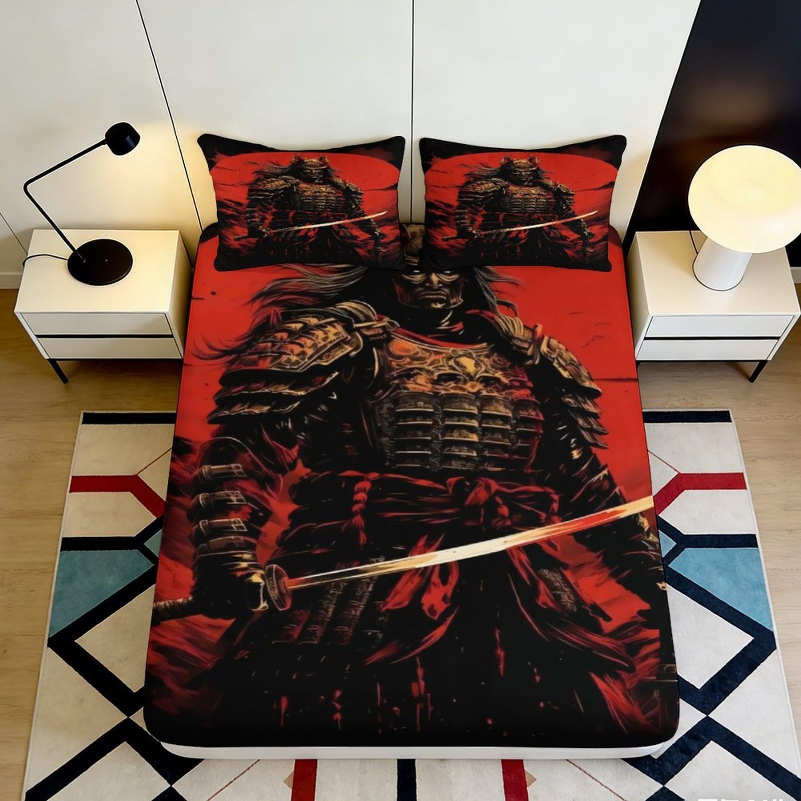 3D Printed Samurai Warrior Fitted Sheet Microfiber Red Black Japanese Art Bed Cover for Bedroom Guest Room Decor 90x200x25cm