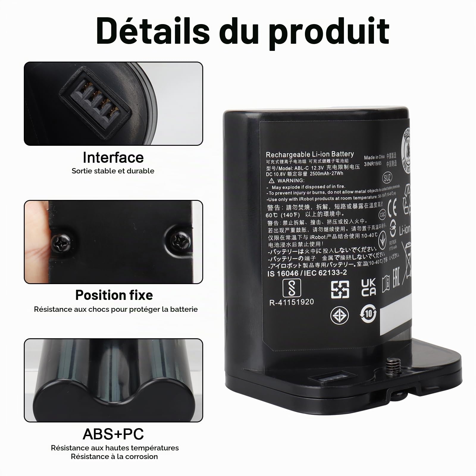 Batterie de Remplacement 10,8 V 2500 mAh pour iRobot Braava Jet M6 (6110) Series, Batterie Li-ION pour aspirateur M611020/M612880/M612680/M614480 ABL-C Series 3INR 19/65