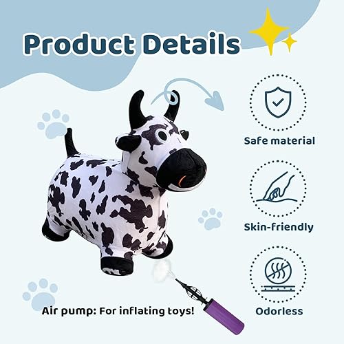 Miniatura 5 de Vaca inflable con bomba, asiento de vaca hinchable cubierto de felpa para uso en interiores y exteriores, decoración temática de granja y accesorio