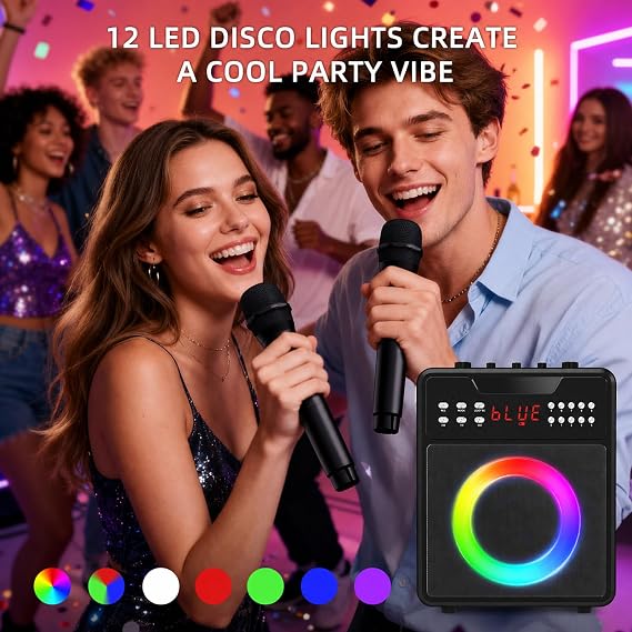 Portable Karaoke Machine for Adults & Kids with 2 Wireless Microphones