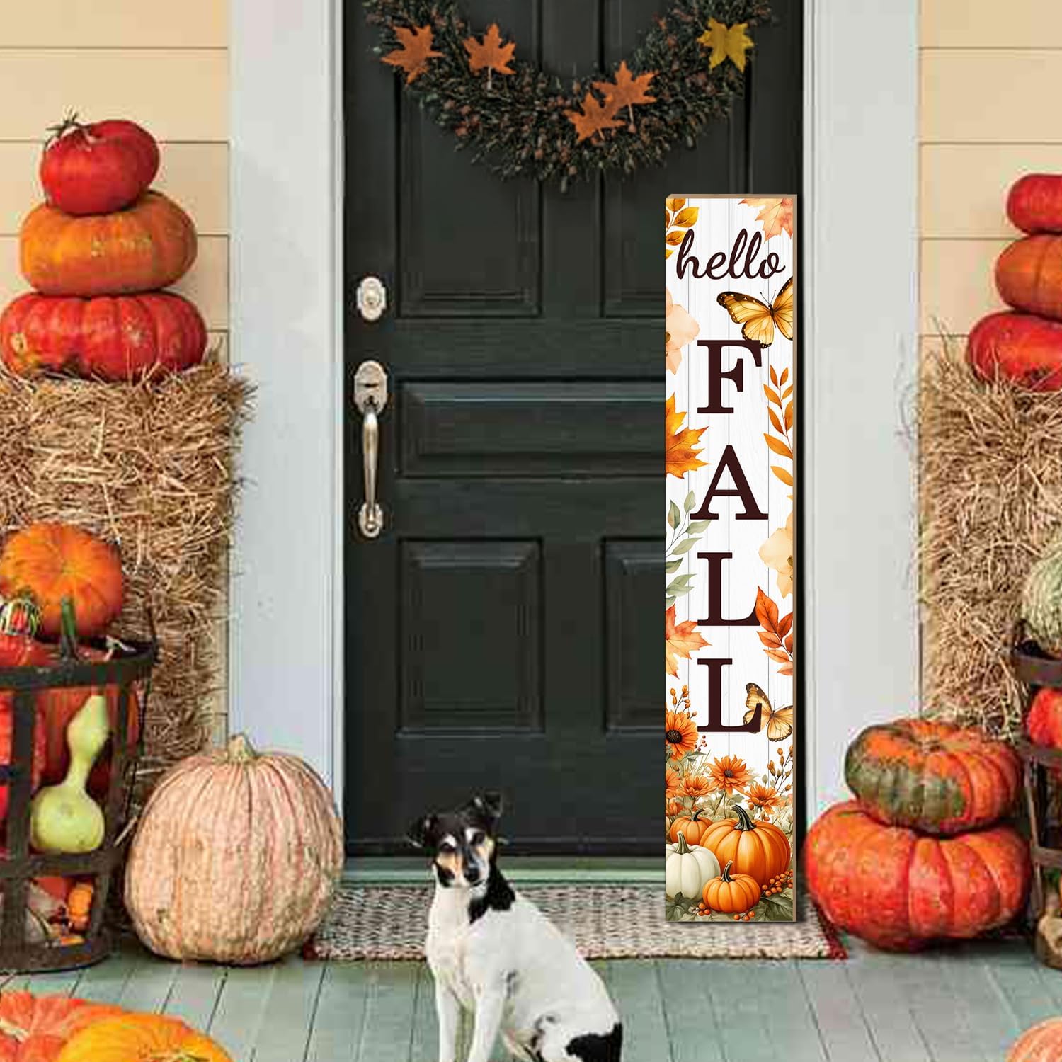 Hello Fall Porch Sign Autumn Pumpkin Maple Leaf Welcome Sign Vertical Standing Sign For Front Porch Decor Farmhouse Hanging Wall Sign for Patio Yard Party Indoor Outdoor Thanksgiving Decoration 47.2"H