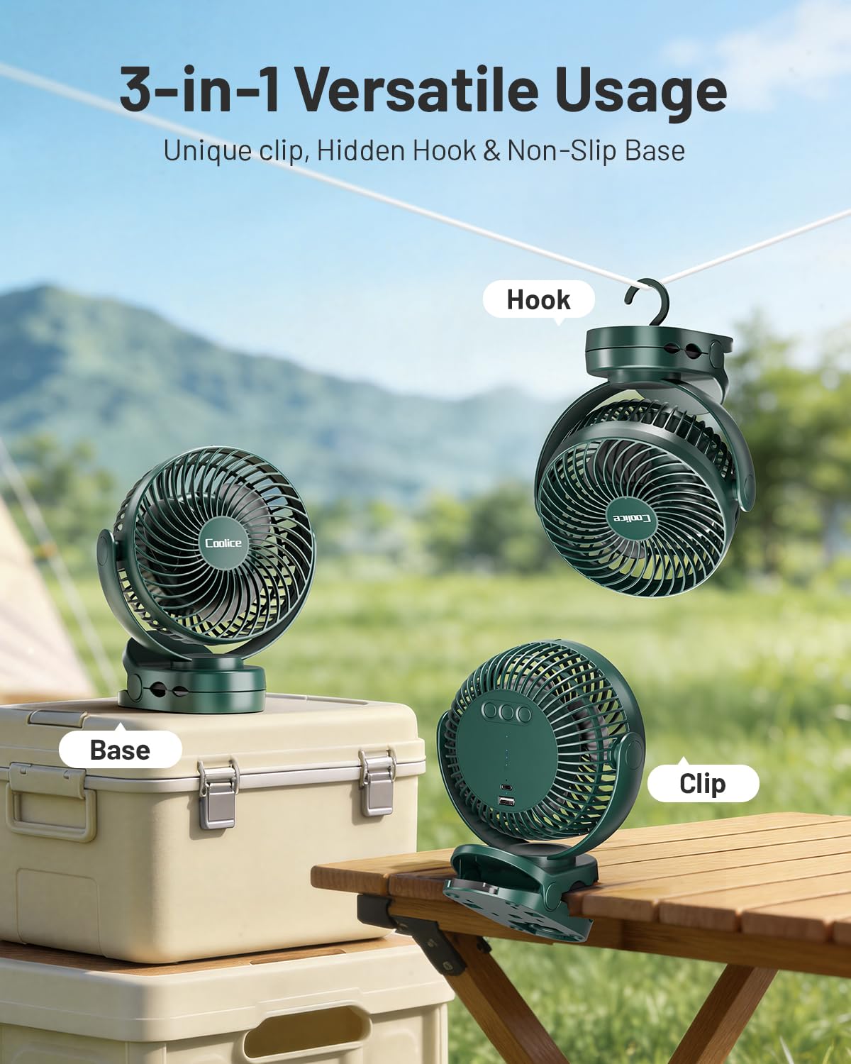 Ventilatore da campeggio con telecomando, 65 ore, 12000 mAh, ricaricabile, 3 velocità e temporizzazione, ventilatore a batteria con luce e gancio, ventilatore per tenda da campeggio, ventilatore da