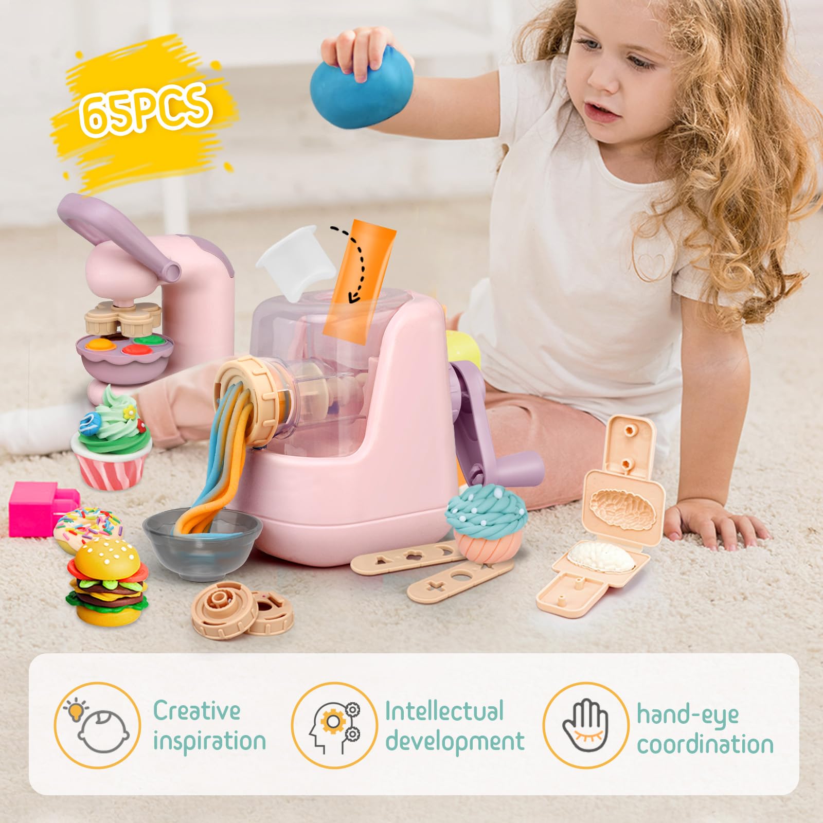 JONRRYIN Plastilina per Bambini, 65 Pezzi Formine per Plastilina Accessori con Macchina per Pasta e Gelatiera, Playdough Pasta da Modellare Regalo Giochi per Ragazzi Bambina (Pink1)