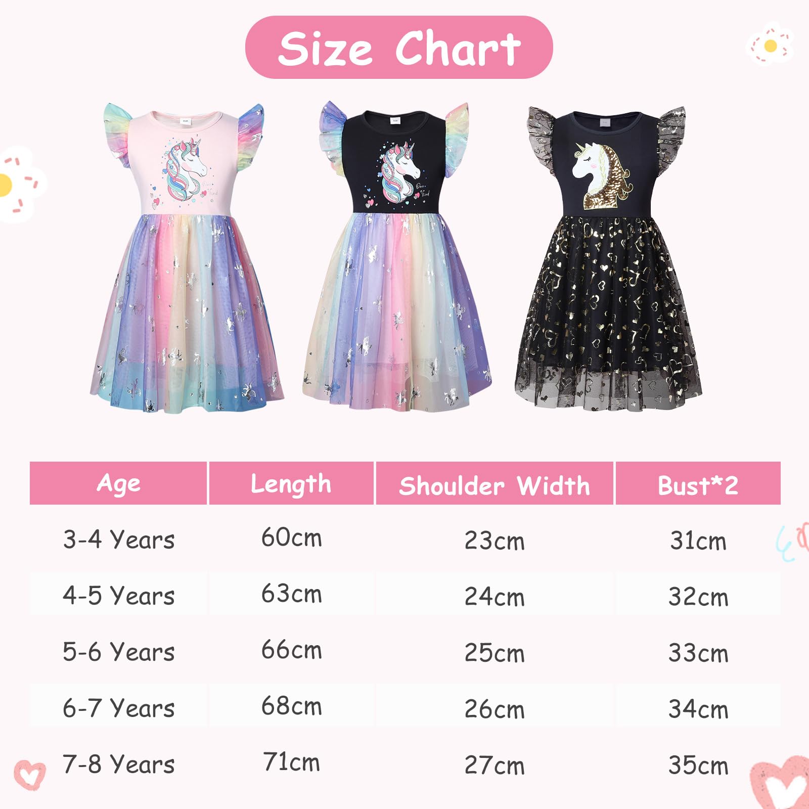 DivingBirds Vestito da ragazza con unicorno, con volant, a maniche corte, in cotone, estivo, per bambini, da 3 a 8 anni